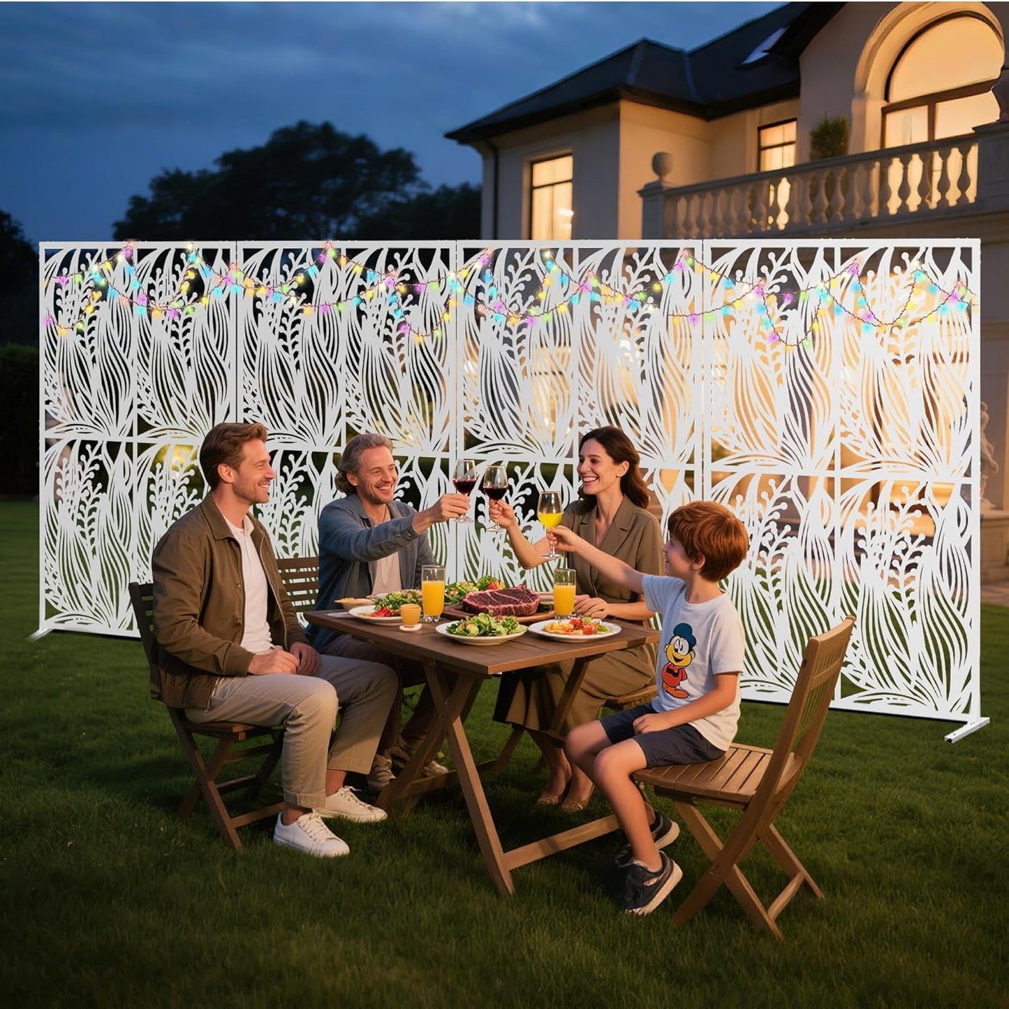 Metal Privacy Screen W3.8Ft x H 6Ft Outdoor Patio Privacy Panels Free Standing Divider Decorative for Balcony Garden Room Lawn Deck (1, White Leaf)