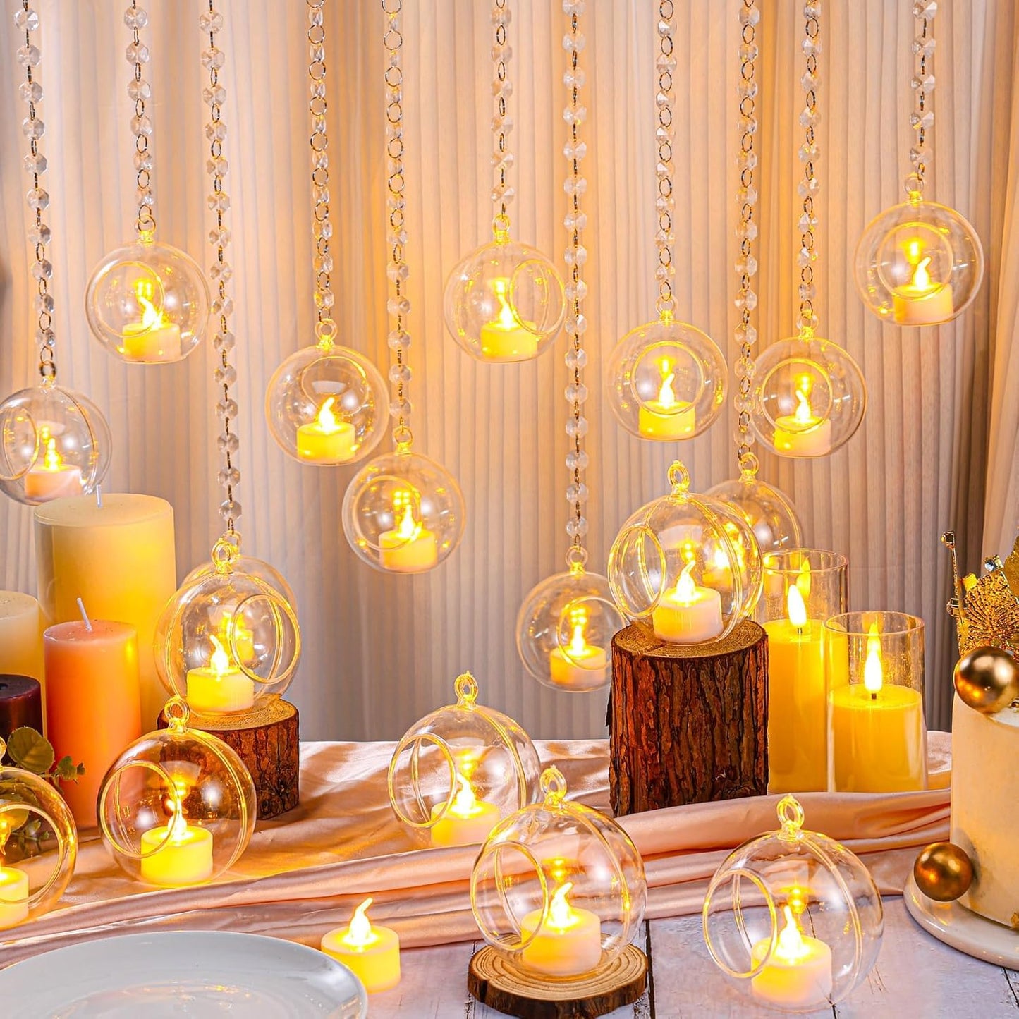 Booson 100 Pcs Hanging Candle Holder Glass Globes Orbs with Crystal Acrylic Gems Bead Garland Tea Lights Candles Holder for Wedding Party Tree Decor