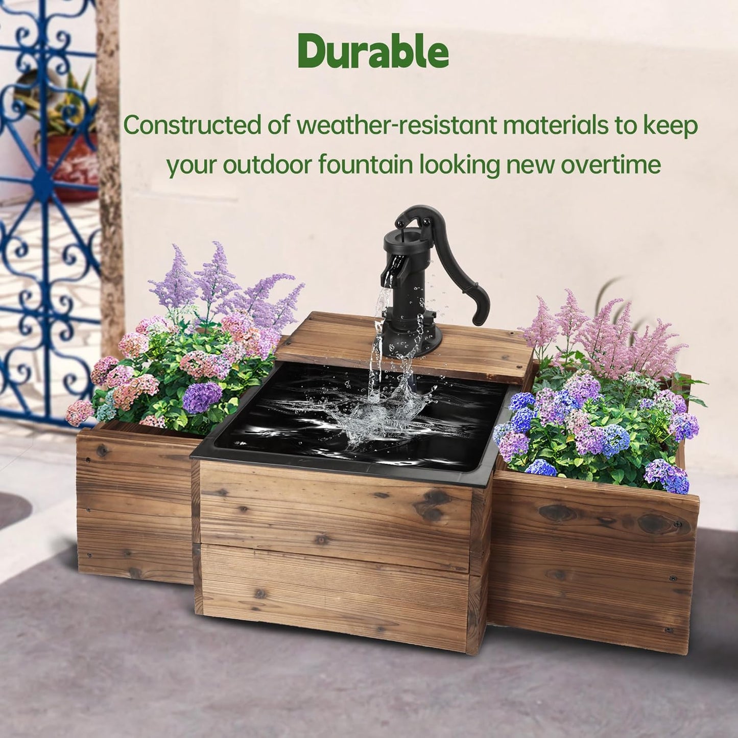 Outdoor Water Fountain,Floor Wooden Rectangular Pump Old-Fashioned Fountain with Flower Box,Electric Decorative Hand Pump, Outdoor Water Feature for Garden Patio Backyard
