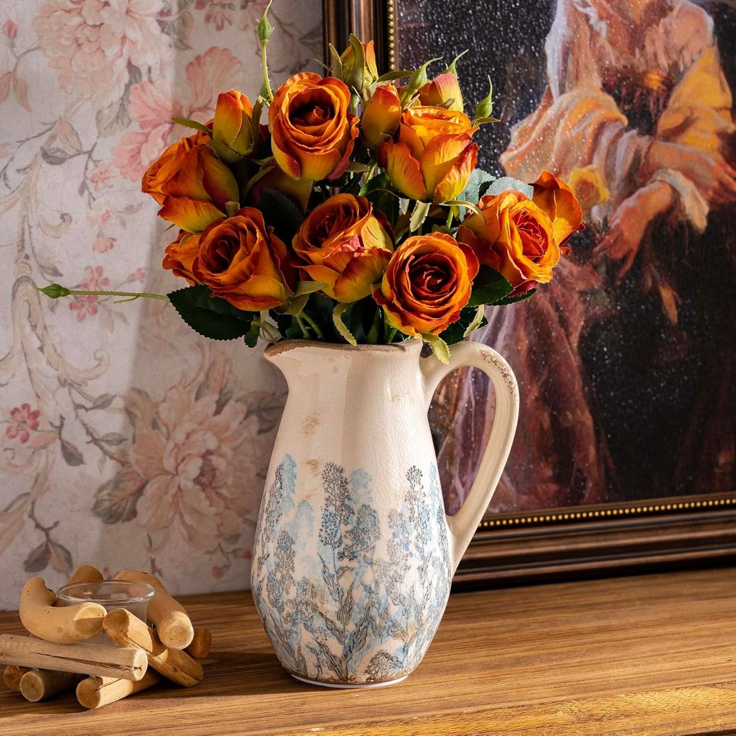 Vintage Blue and Beige Floral Ceramic Vase with Handle, Retro Ice Glazed Crack Farmhouse Pitcher Vase for Home Decor, Living Room, Shelf, Office, French Country Decorative Flower Vase 8.7 Inch