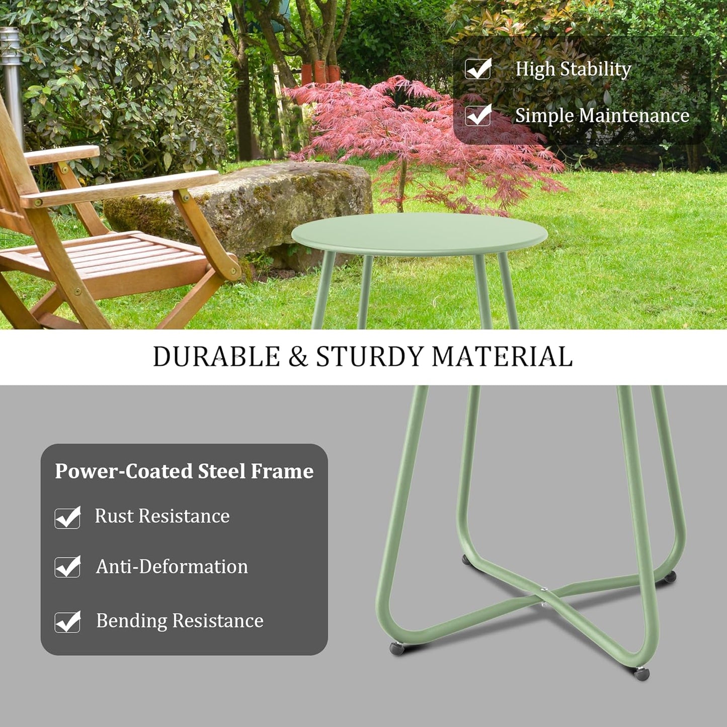 Bean Green Patio Side Table, 18" Weatherproof Steel Outdoor Indoor Side Table for Garden, Balcony, Pool & Tailgate, Rust-Resistant Lightweight Portable Patio End Table