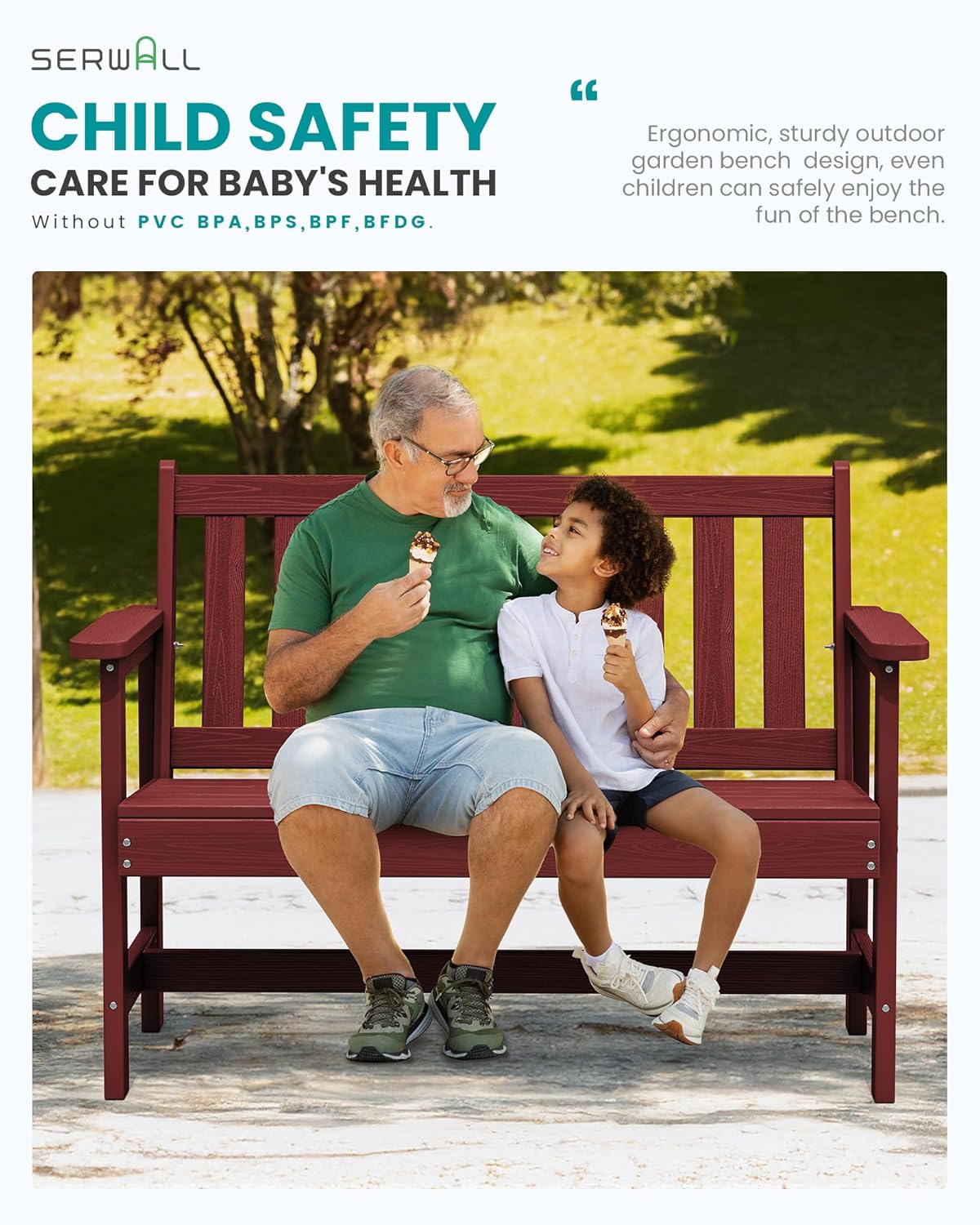 SERWALL Outdoor Bench, HDPE Outdoor Benches Weatherproof, 2-Person Garden Bench with 660 lbs Weight Capacity, Patio Benches for Outdoors, Garden, Porch, Backyard and Park, Red, 2 Pack