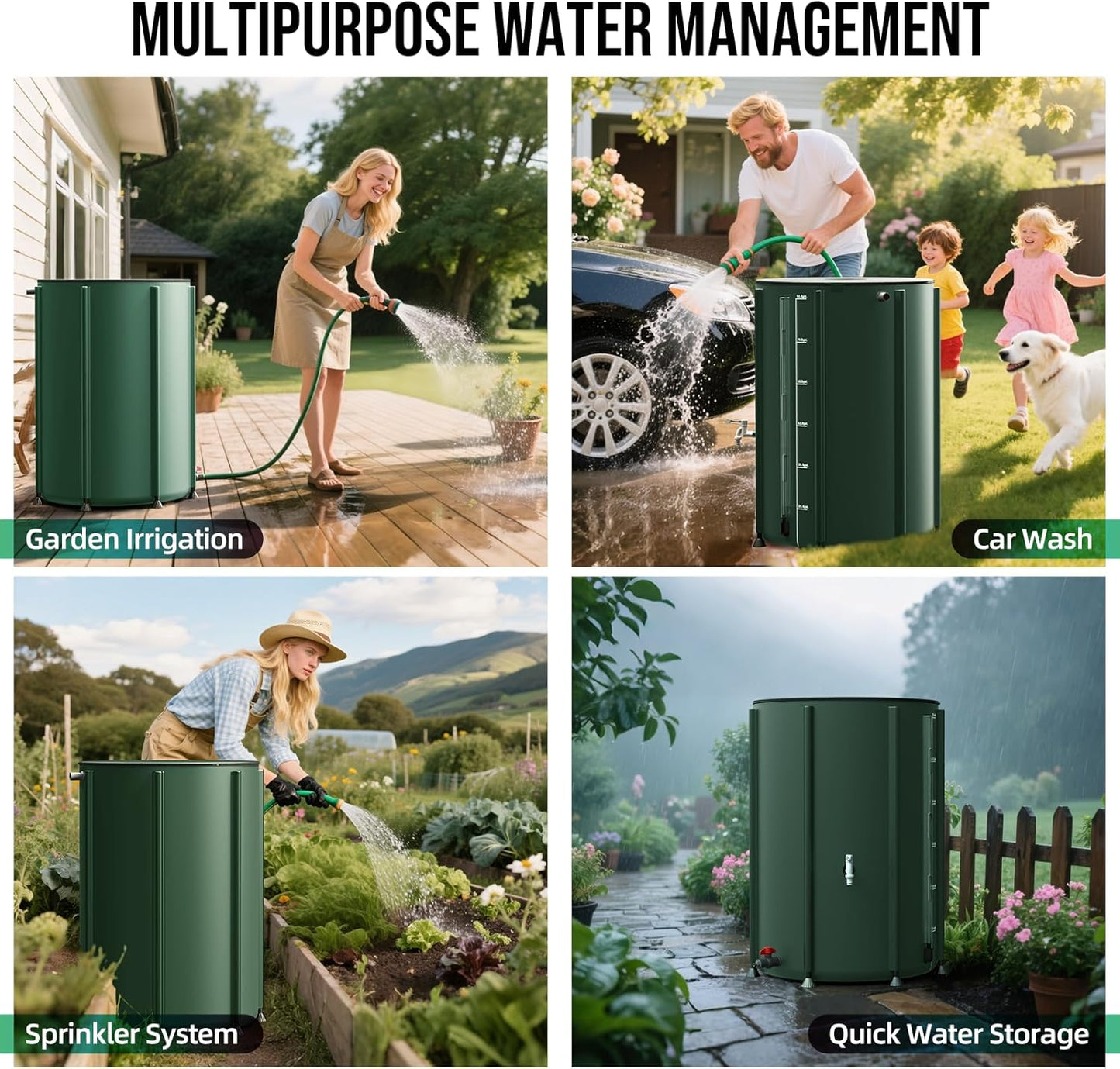 Collapsible Rain Barrel Water Collection System - 100 Gallon Portable Water Storage Tank,Foldable Rainwater Collect System Downspout, Water Catcher Container with Filter, Spigots&Overflow Kit,Green
