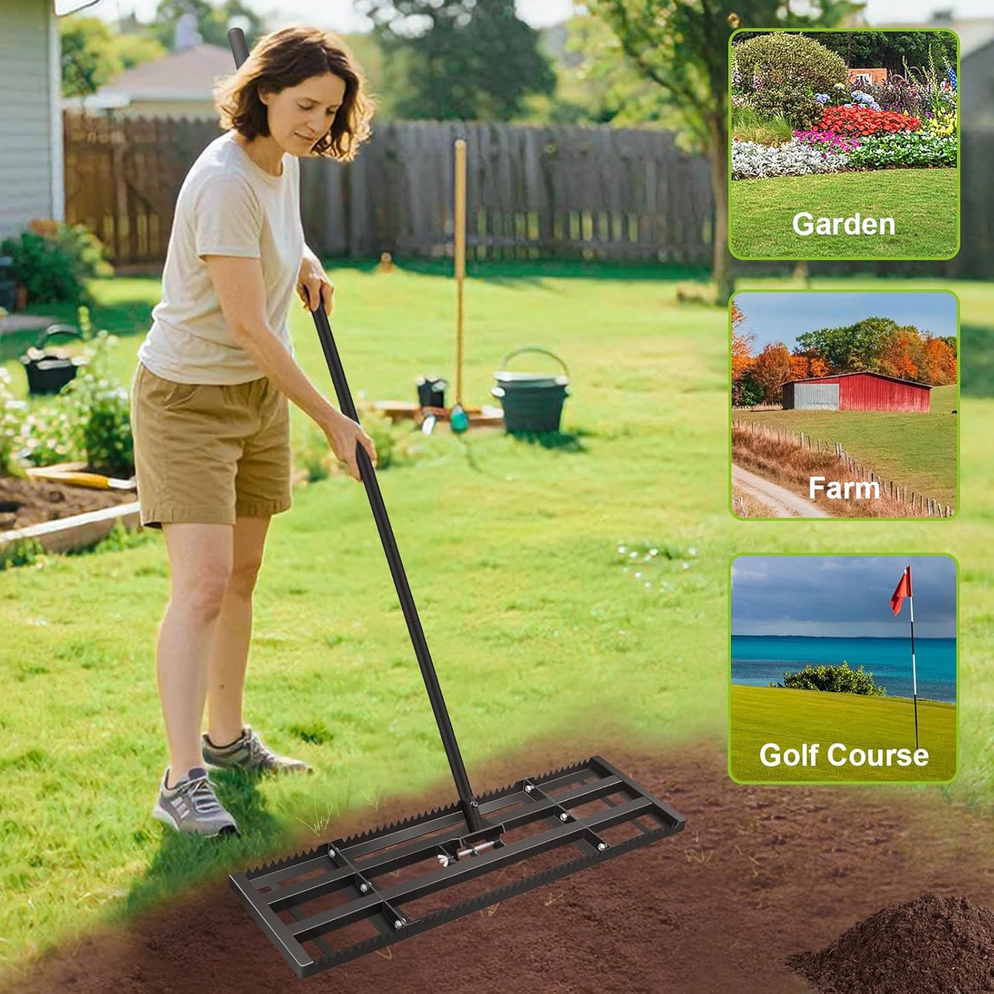 Lawn Leveling Rake-32"x10" Heavy Duty Leveler Reinforced Landscape Tool, Steel Golf Rake with Serrated Edge & Smooth Plate for Level Soil Compost Sand Grass Dirt Yard Garden 6.5FT Adjustable Handle