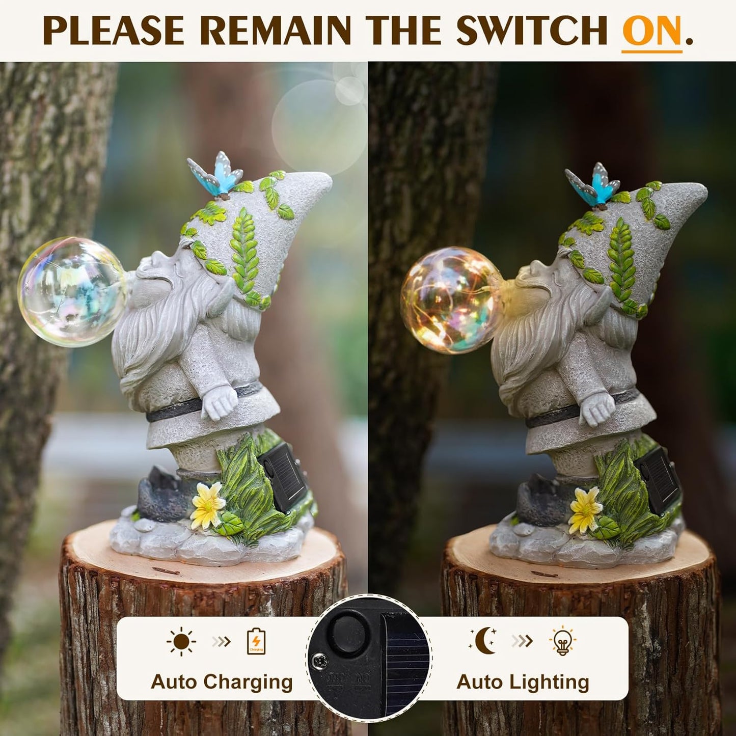 MININOVA Cute Solar Decor Statues Outdoor Standing Gnome Blowing Bubble Beautiful Garden Decorations for Patio Lawn Porch Housewarming Birthday Gift