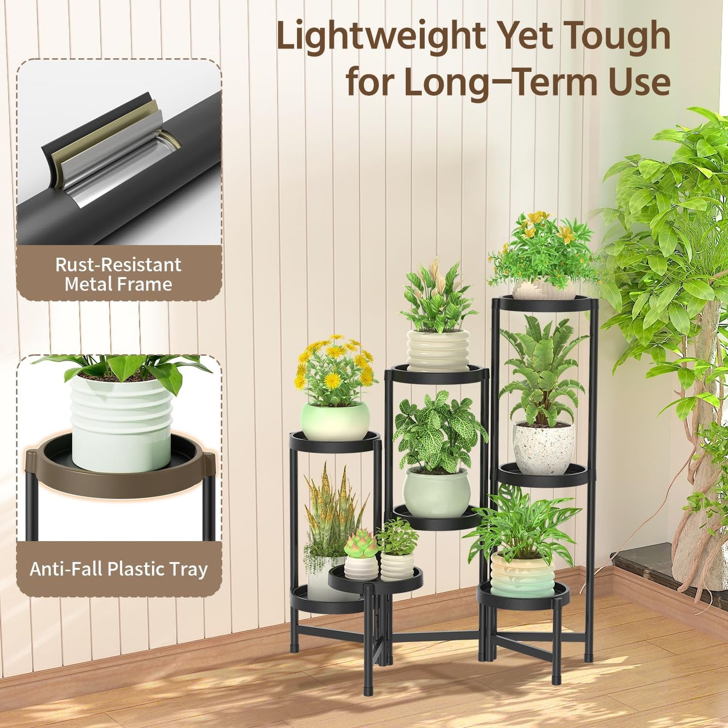 LASZOLA 8 Tiered Folding Plant Stand Indoor for Multiple Large Planter, Tall Heavy Duty Adjustable Rack with Rust Proof Plastic Shelving, Sturdy Vertical Tree Organizer for Narrow Inside Floor, Black