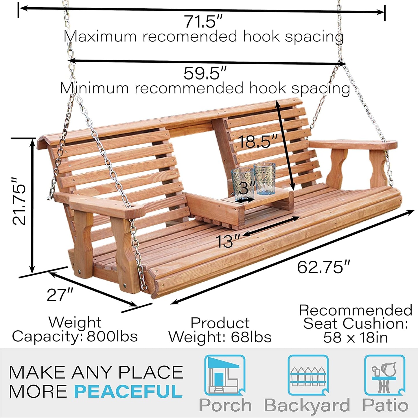 Porchgate Amish Heavy Duty Console Porch Swing with Fold Down Cup Holders in Cedar Stain - Amish Made in The USA from Treated Pine, Hanging Chains Included