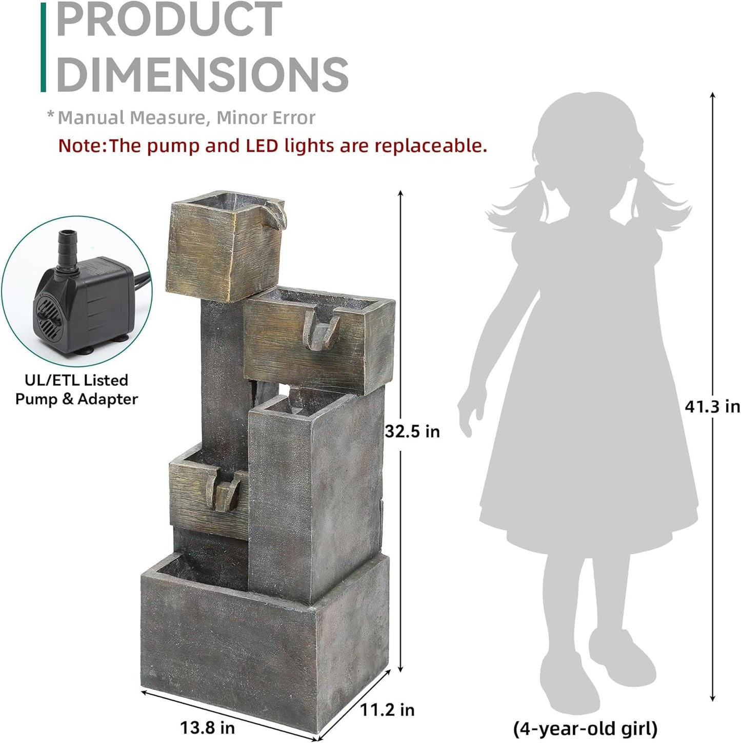 32.5" Modern Outdoor Water Fountain with LED Lights, 5-Tier Stacked Blocks Garden Fountain Cascading Waterfall Feature for Relaxing Garden, Patio, Backyard, Deck, Porch or Home Décor