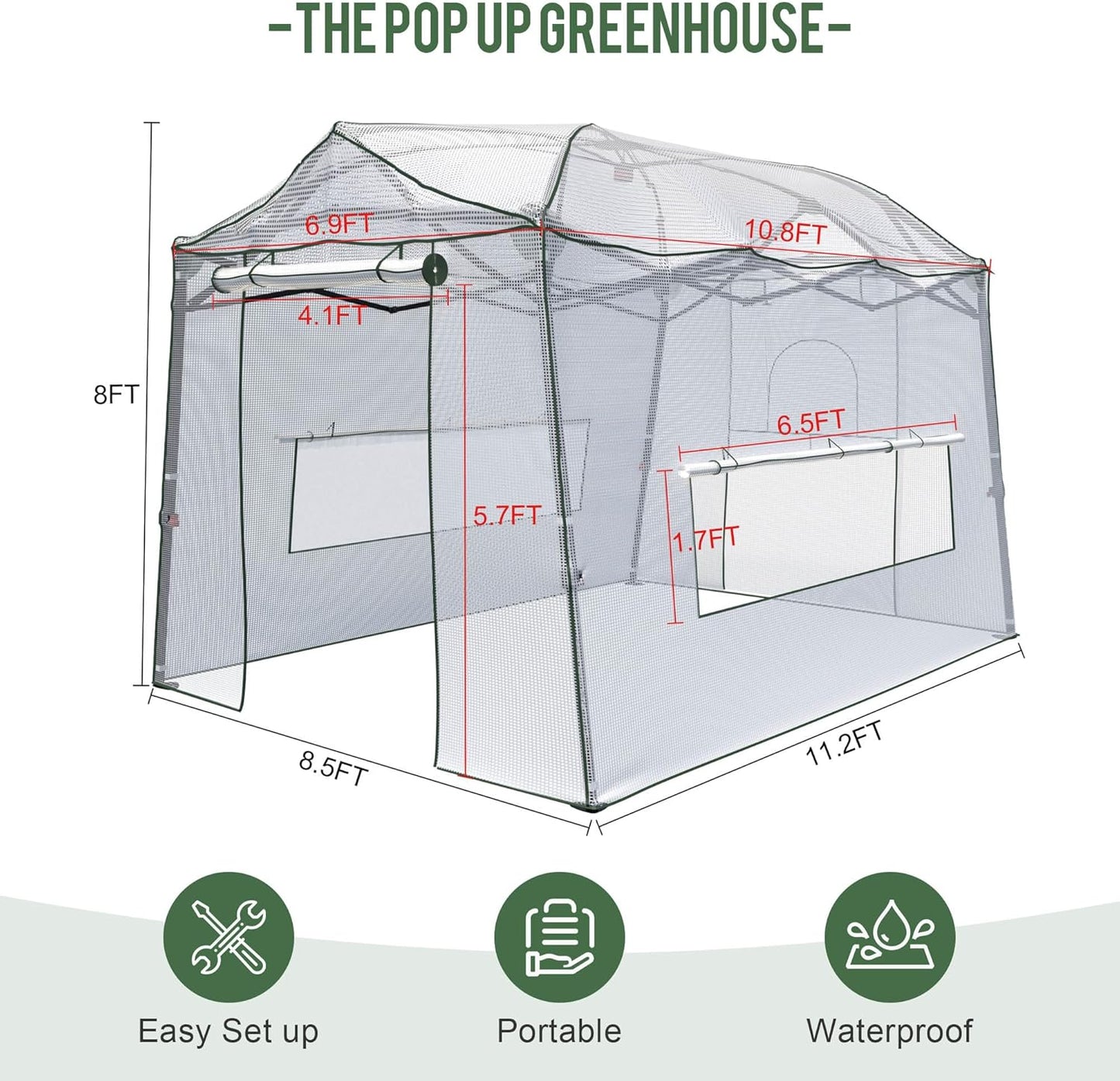 11 x 8.5 FT Walk-in Greenhouse, Portable Pop-up Green House 3 Adjustable Hights Heavy Duty Plant Gardening Canopy with Durable PE Cover for Indoor Outdoor (Clear and White)