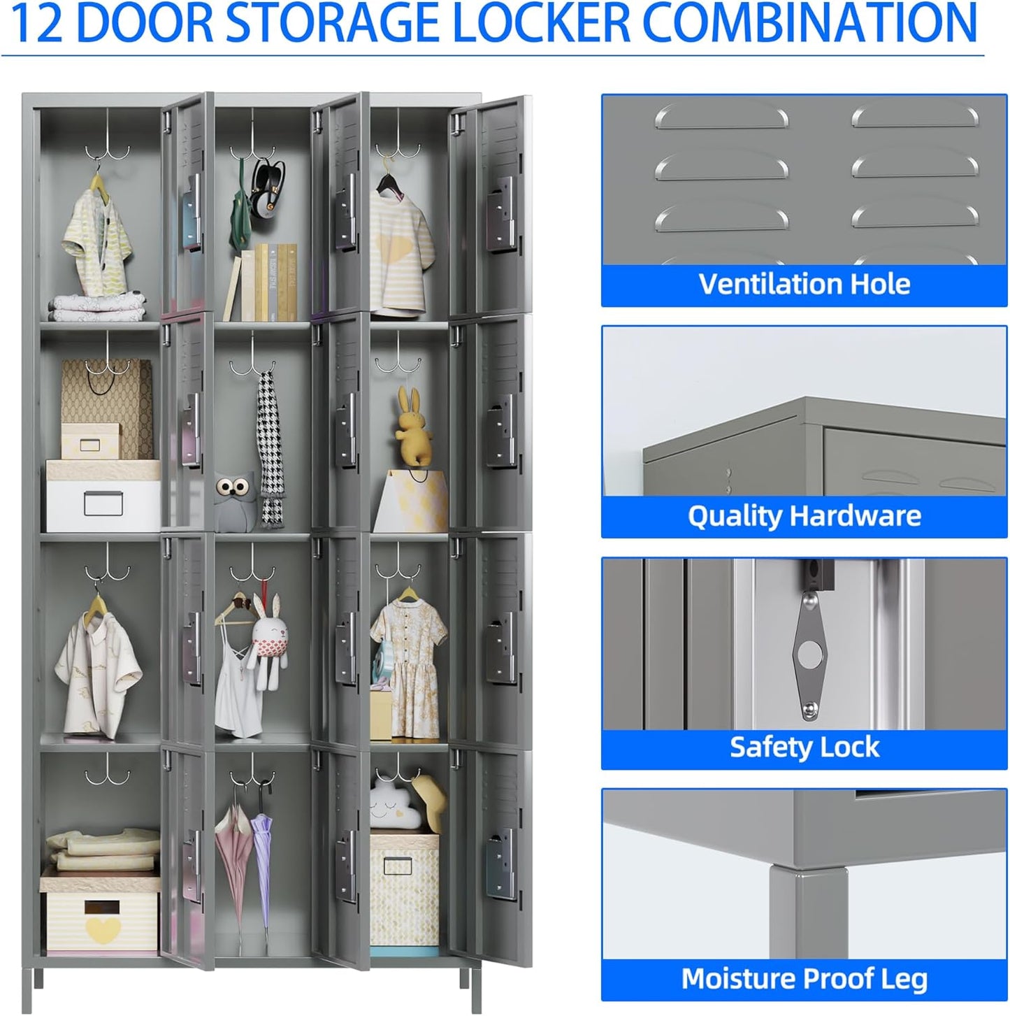 METAN Metal Storage Locker for School Office Gym Bedroom, 12 Doors Locker Cabinet for Employees, Industrial Steel Storage Locker with 12 Hooks, Assembly Required (12 Door-Light Gray)