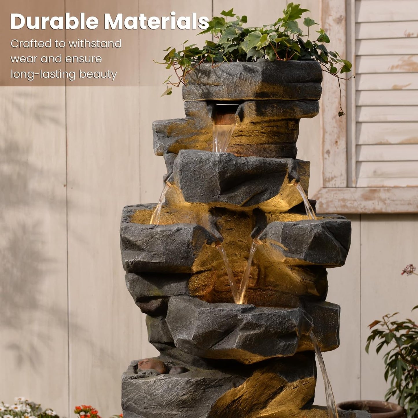 58Inch Outdoor Garden Water Fountain 6 Tiers Large Cascading Rock Natural Waterfall Outdoor Fountain with LED Lights for Patio Porch Backyard Home Art Decor