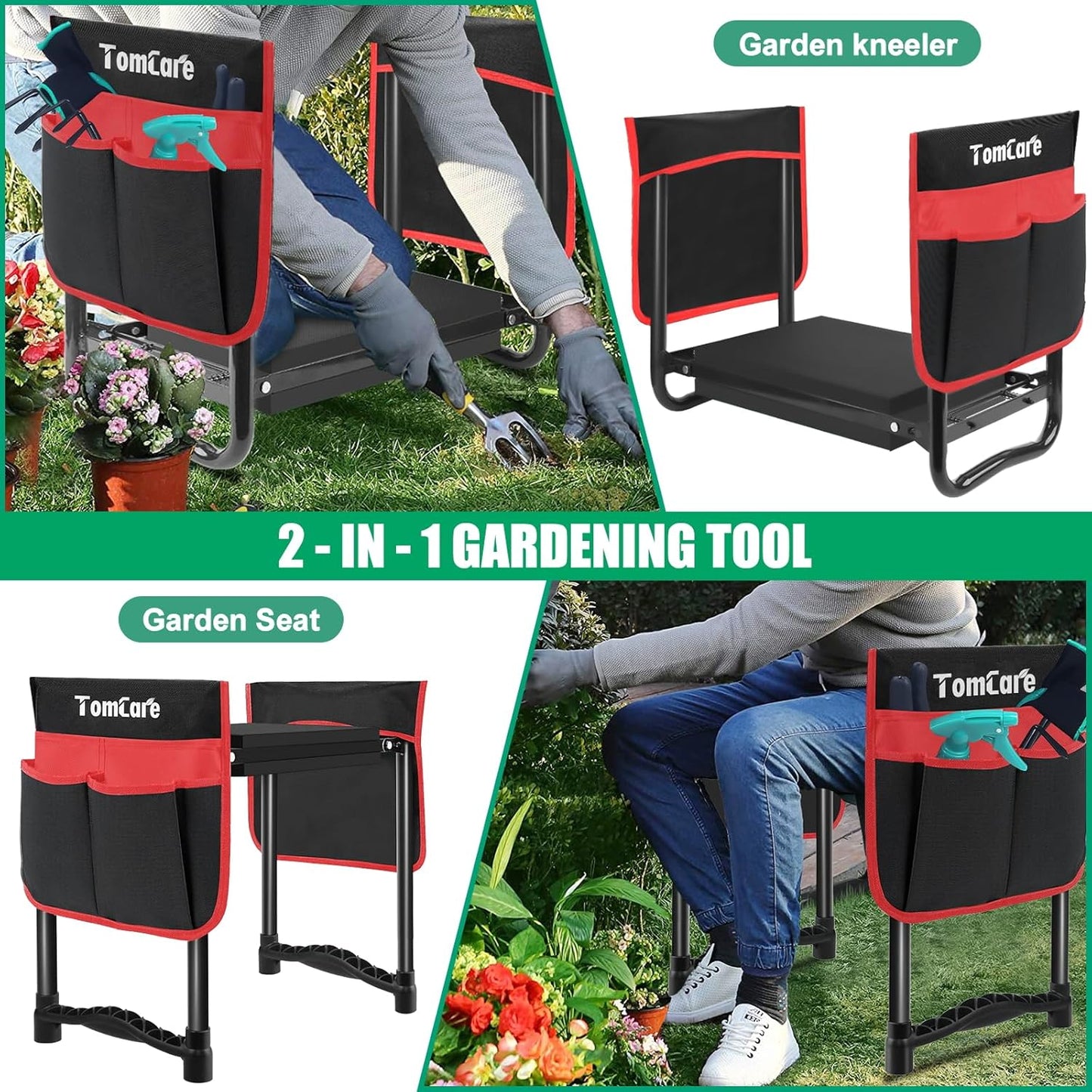 TomCare Garden Kneeler and Seat 10.64” Wider Larger Soft Kneeling Pad Garden Bench with 2 Large Tool Pouches Heavy Duty Garden Stool Foldable Tools Gardening Gifts for Women Men Gardeners,Black