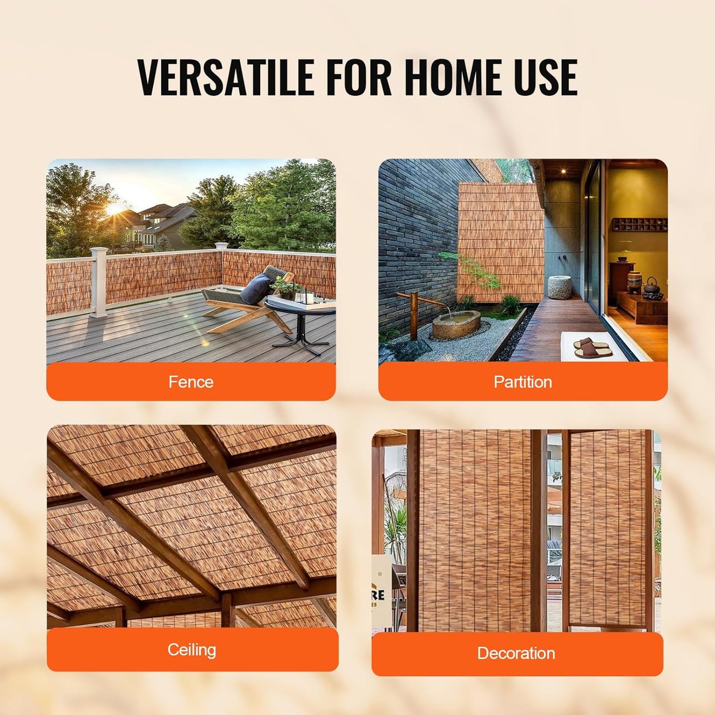 VEVOR Natural Reed Fencing, 3.3 ft x 13.3 ft, Reed Screen Curtain Balcony Reed Fence Roll for Outdoor Backyard Patio, Decorative Fence for Backyard Garden Fencing Divider, Privacy Screen Panel, Brown