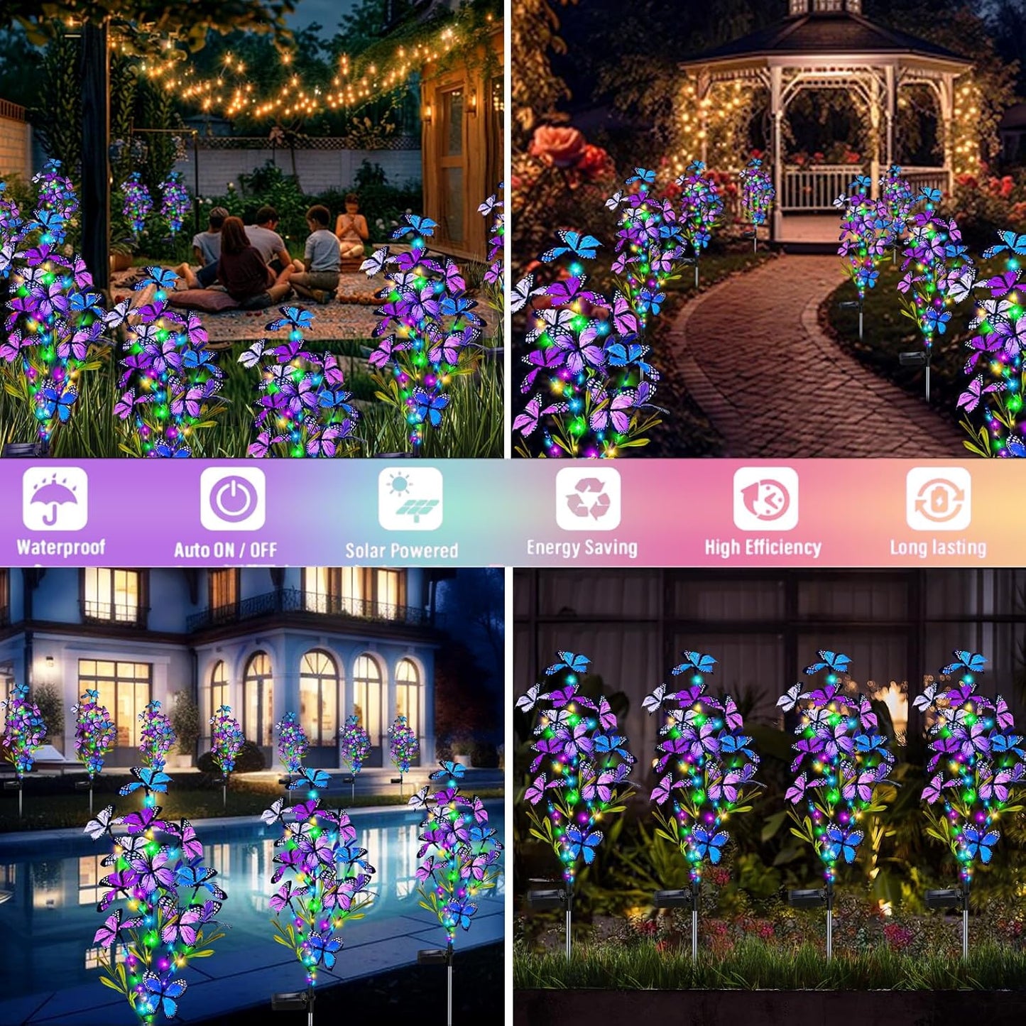 Solar Garden Lights Outdoor, Waterproof 2 Pack Solar Butterfly Lights with 60 LED 12 Butterfly Colorful Lighting for Garden Yard Lawn Outdoor Decor, Gift for Mom Women Mother's Day