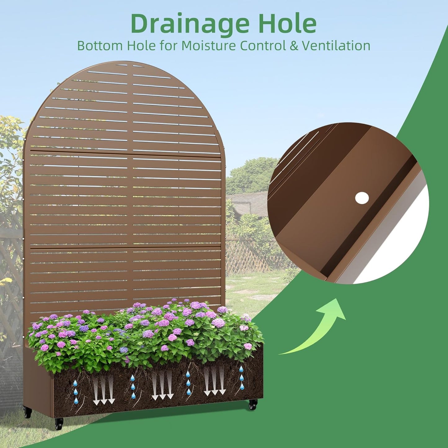 Casaphoria Metal Raised Garden Bed with Trellis and Wheels, 72"x47"x16" Arched Planter Box for Climbing Plants, Vegetables & Vines, Features Drainage Holes and Privacy Screen (Brown-Louvered)