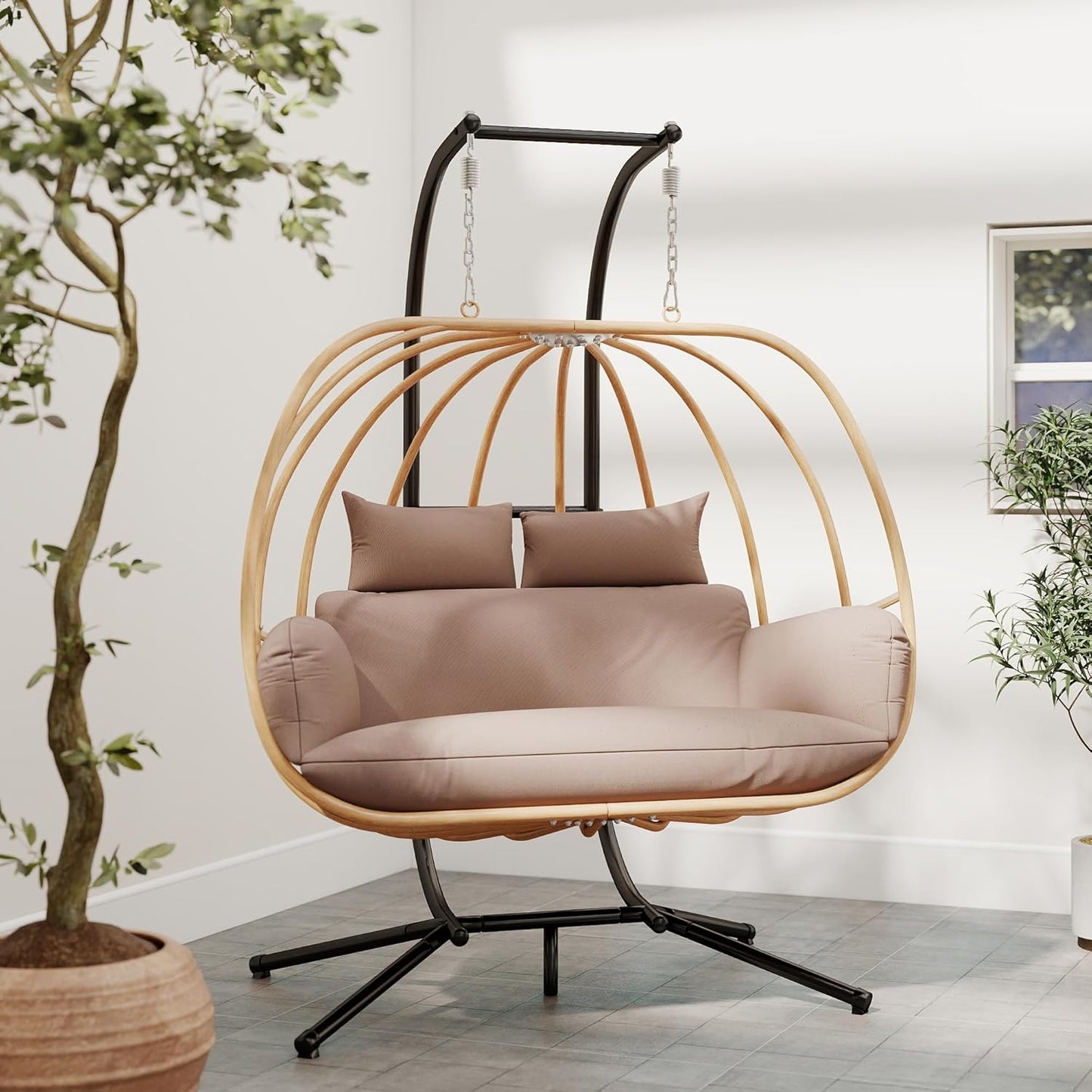 Double Egg Chair Outdoor, Egg Swing Chair with Stand, Hanging Egg Chair Outdoor with Cushions/Headrest, 80" H Hanging Chairs with Stand Indoor, Metal Basket Swing Egg Chairs for Deck, Khaki