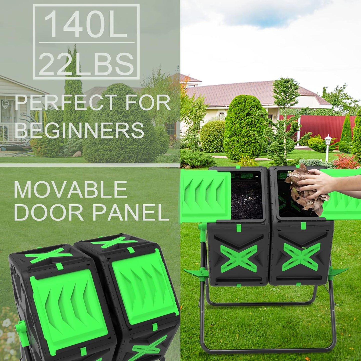 SQUEEZE master Large Dual Chamber Compost Bin Tumbler Outdoor Garden- Easy Rotating- Sturdy Steel Frame-Fast Composting (Green, 2 × 18.5 Gallon)