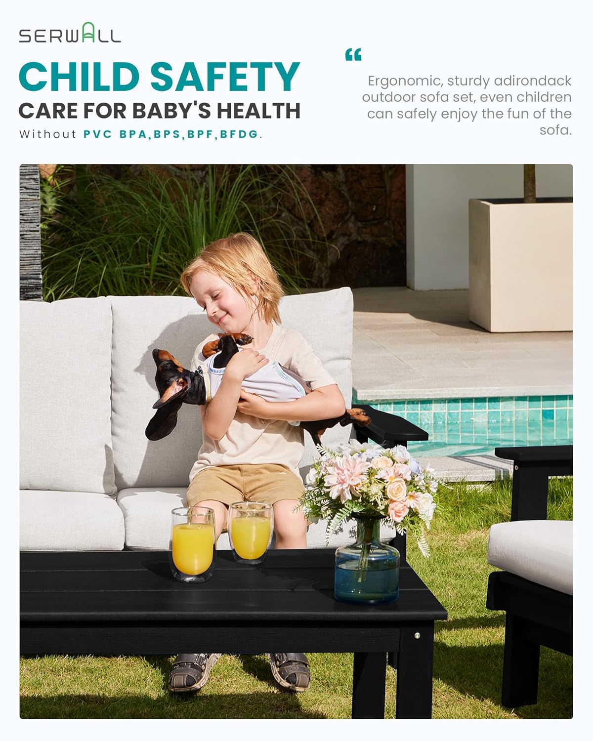 SERWALL Outdoor Patio Furniture Set, 5 Piece HDPE Patio Conversation Sets, All-Weather Wood-Like Outdoor Couch Loveseat and Coffee Table with Thick Cushions for Porch Balcony Garden Backyard