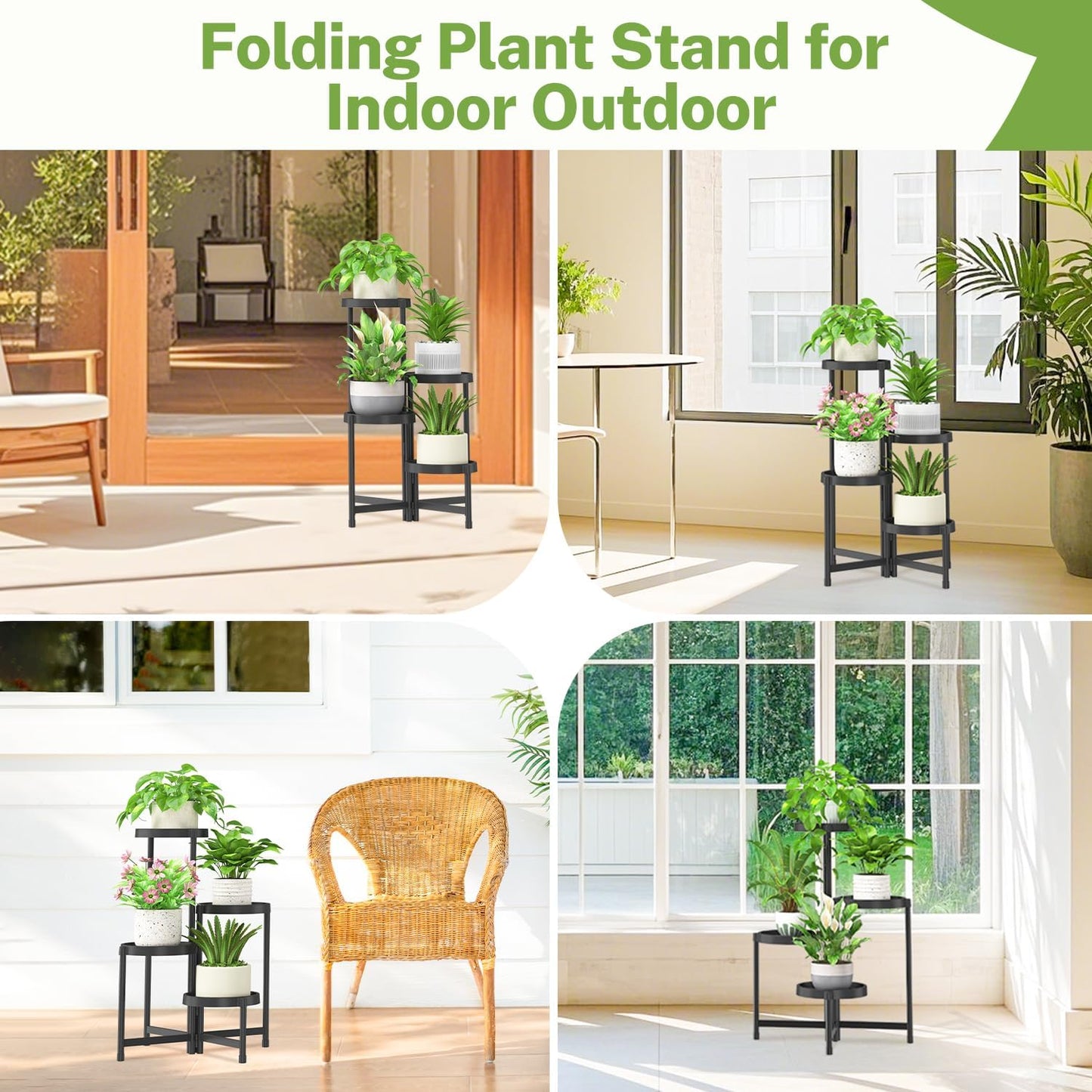 iDavosic.ly 4 Tier Folding Plant Stand Indoor Outdoor with Plastic Tray, Tiered Corner Flower Holder Shelf, Metal Orchid Display Rack for Patio Porch Living Room Garden Balcony, Modern Black