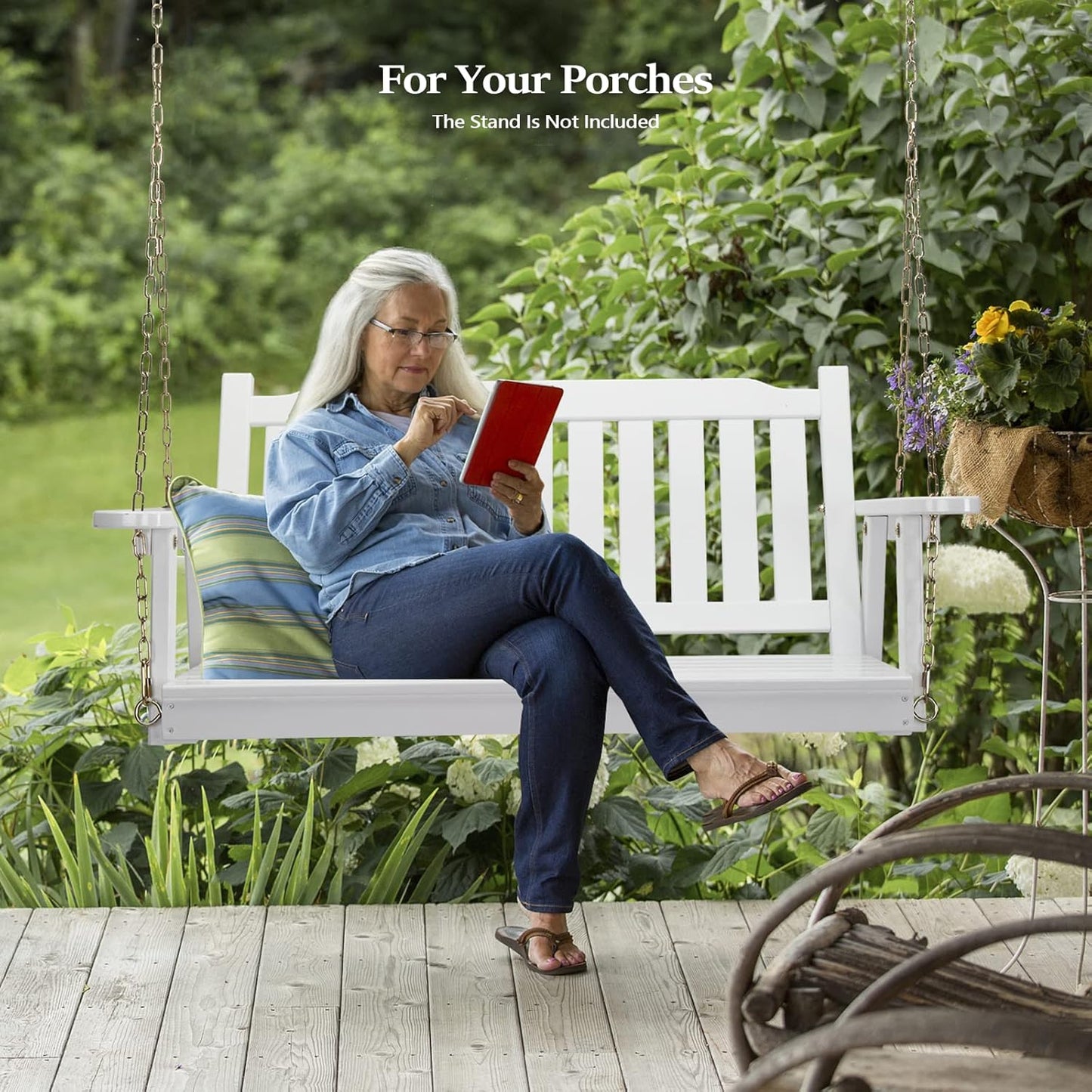 VINGLI Heavy Duty 880 LBS 4 FT Outdoor Porch Swing, Patio Hanging Swing Bench for Yard, White