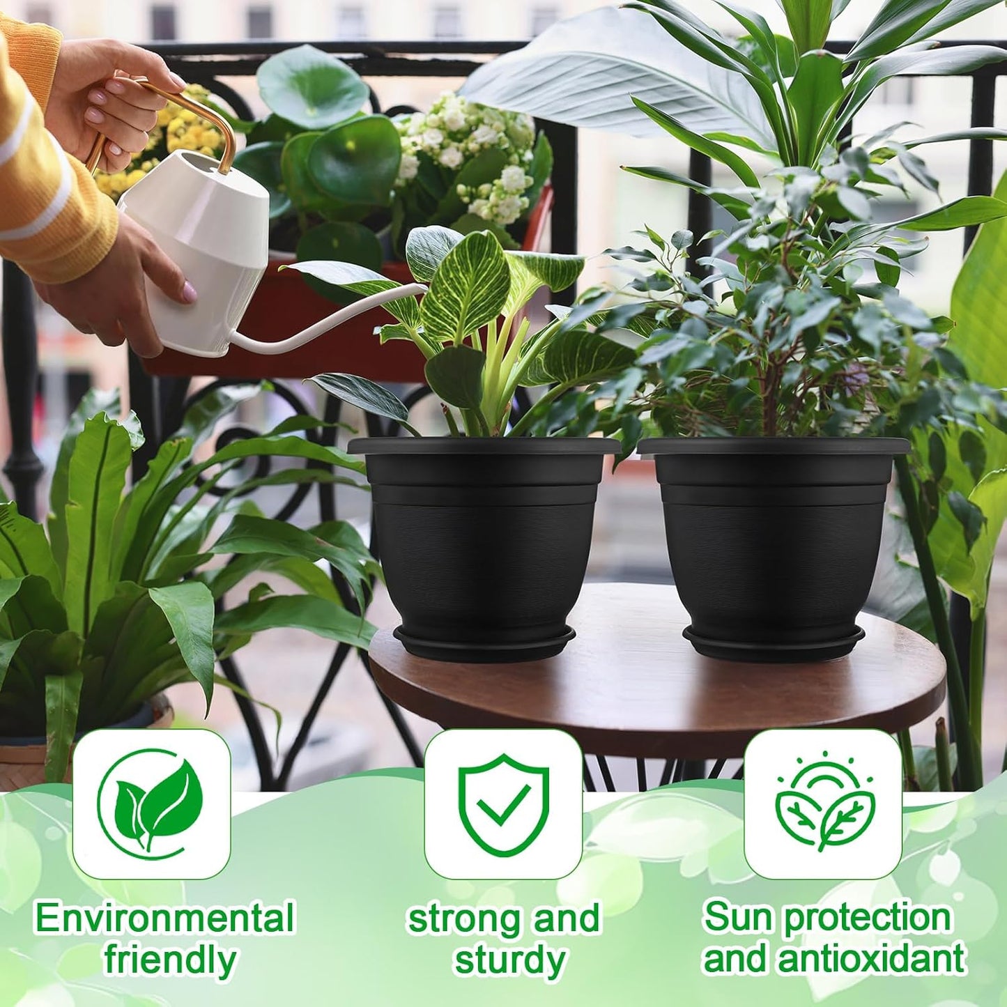 12 Pack 8+'' Plastic Plant Pots Round Planter Pots with Saucer Tray Seedling Pot Hole Seed Resin Plant Pot Starting Nursery Flower Container with Pallet for Garden Outdoor Indoor(Black)