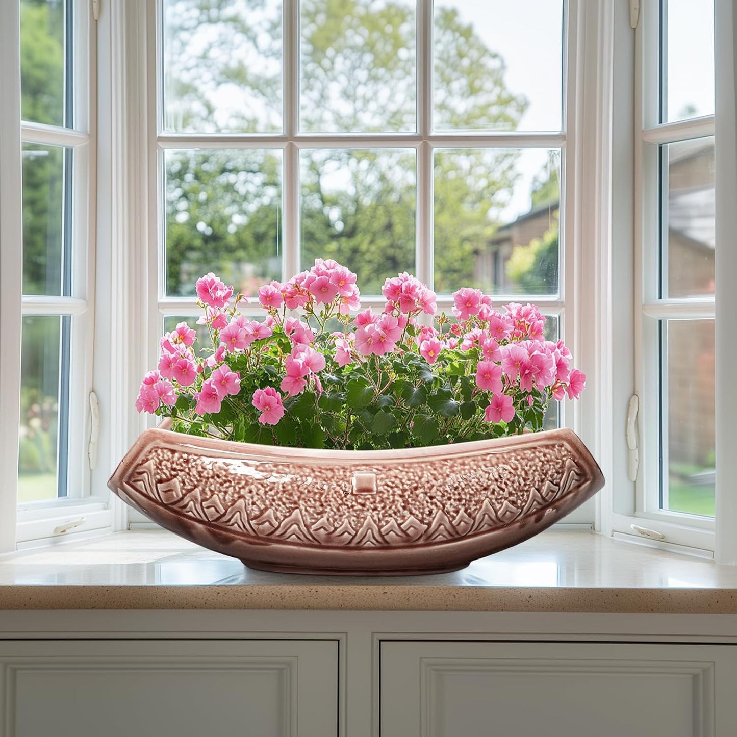 Large Bonsai Pots - 18 Inch Ceramic Succulent Pots with Drainage Hole, Bonsai Planter for Indoor Outdoor Plants, Ceramic Flower Pot, Decorative Plant Pot, Home Decor, Birthday Gifts, Red-Brown