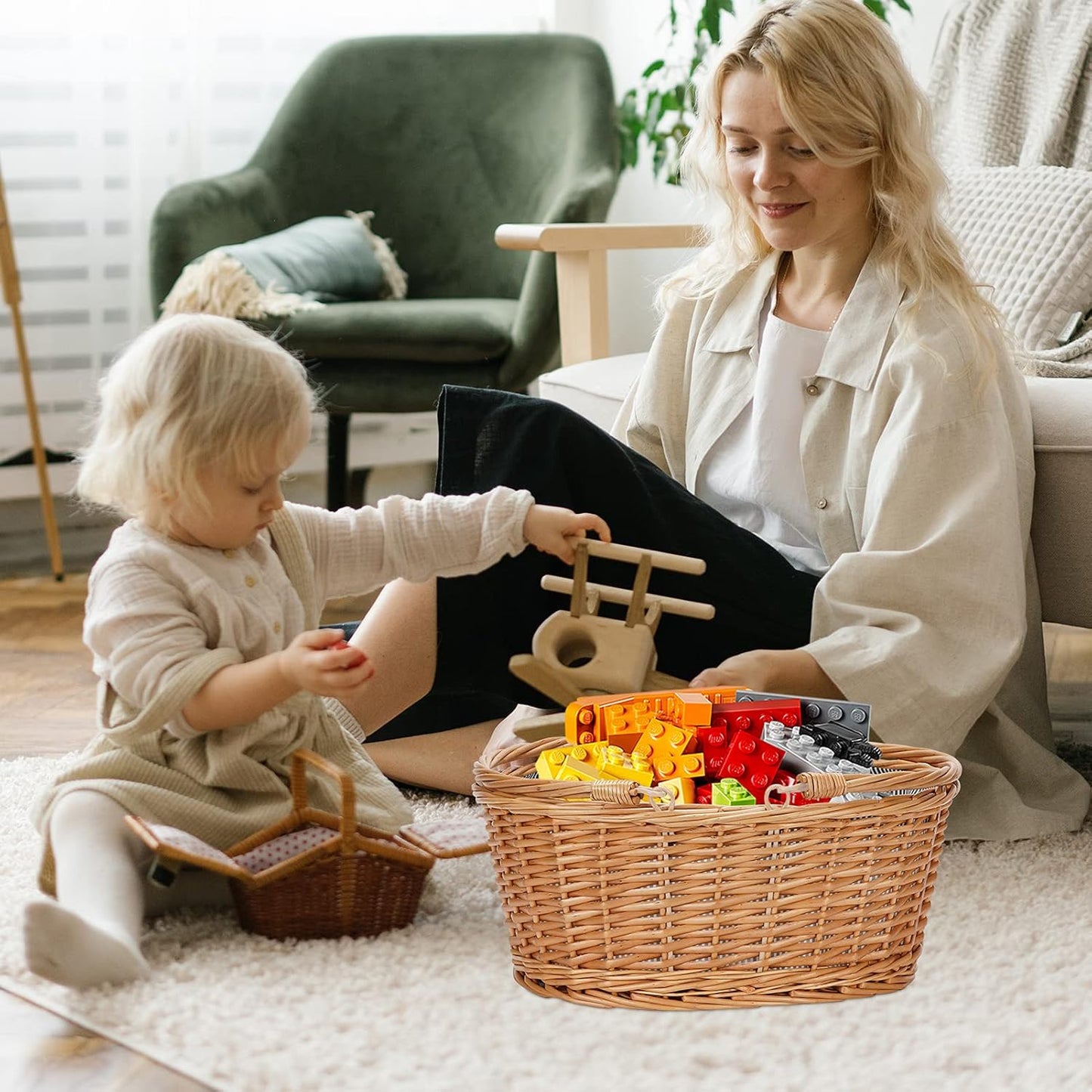 Wicker Picnic Basket with Double Folding Handles, Natural Large Willow Hamper Empty Basket Cheap Easter Eggs Candy Storage Wine Basket for Toy, Flower, Wedding(Grey 16inch)