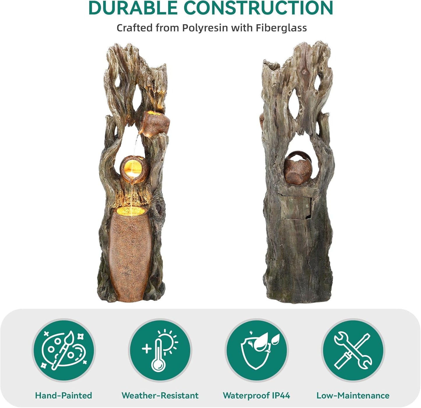 42.7in Tall Outdoor Water Fountain with LED Lights, 3-Tier Rainforest Waterfall Tree Trunk and Jar Garden Fountain, Ideal for Serene Relaxing Patio, Yard or Porch