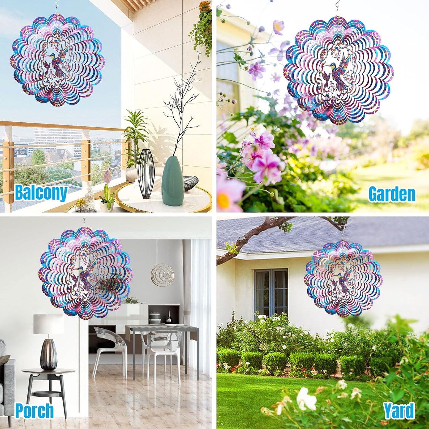 Wind Spinners Outdoor, Hummingbird Metal 3D Hanging Garden Decor, 12-inch Stainless Steel Wind Spinner with Tail Spinner, Wind Sculptures for Patio Lawn Yard, Ornament Gift for Women/Men