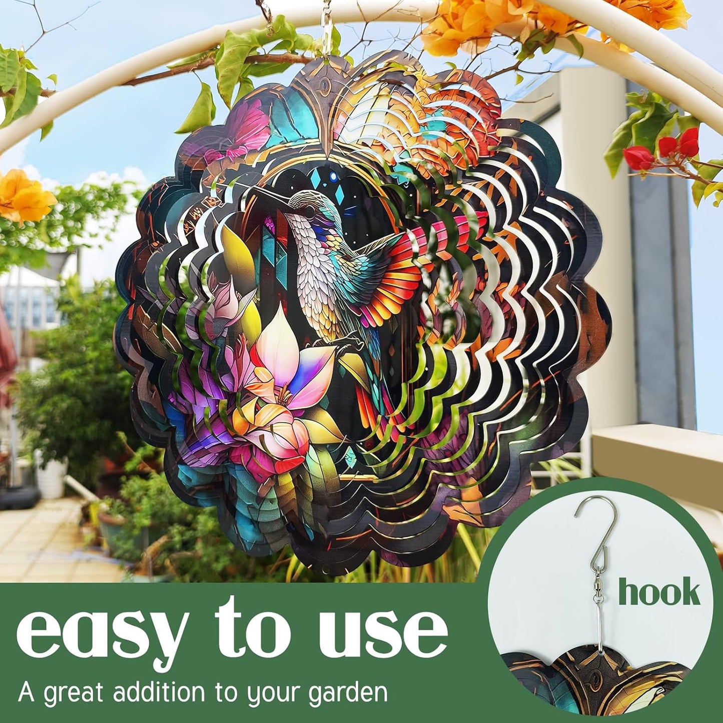 Wind Spinners Art Hummingbird 12 inch 3D Stainless Steel Laser Cut Metal Art Geometric Pattern Wind Sculpture Hanging for Yard Garden Decorations Outdoor