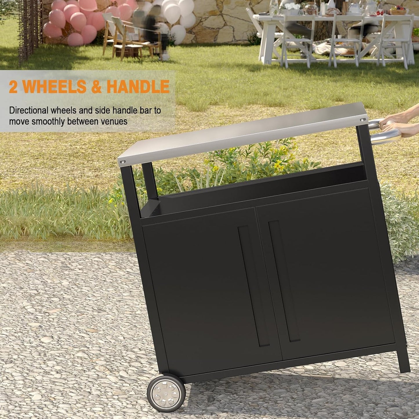 Outdoor Grill Cart with Storage Cabinet Stainless Steel Prep Stand with Storage Cabinet and Wheels Movable Whole Portable Table Outdoor Rolling Prep Station Kitchen Island Pizza Oven Table for Garden