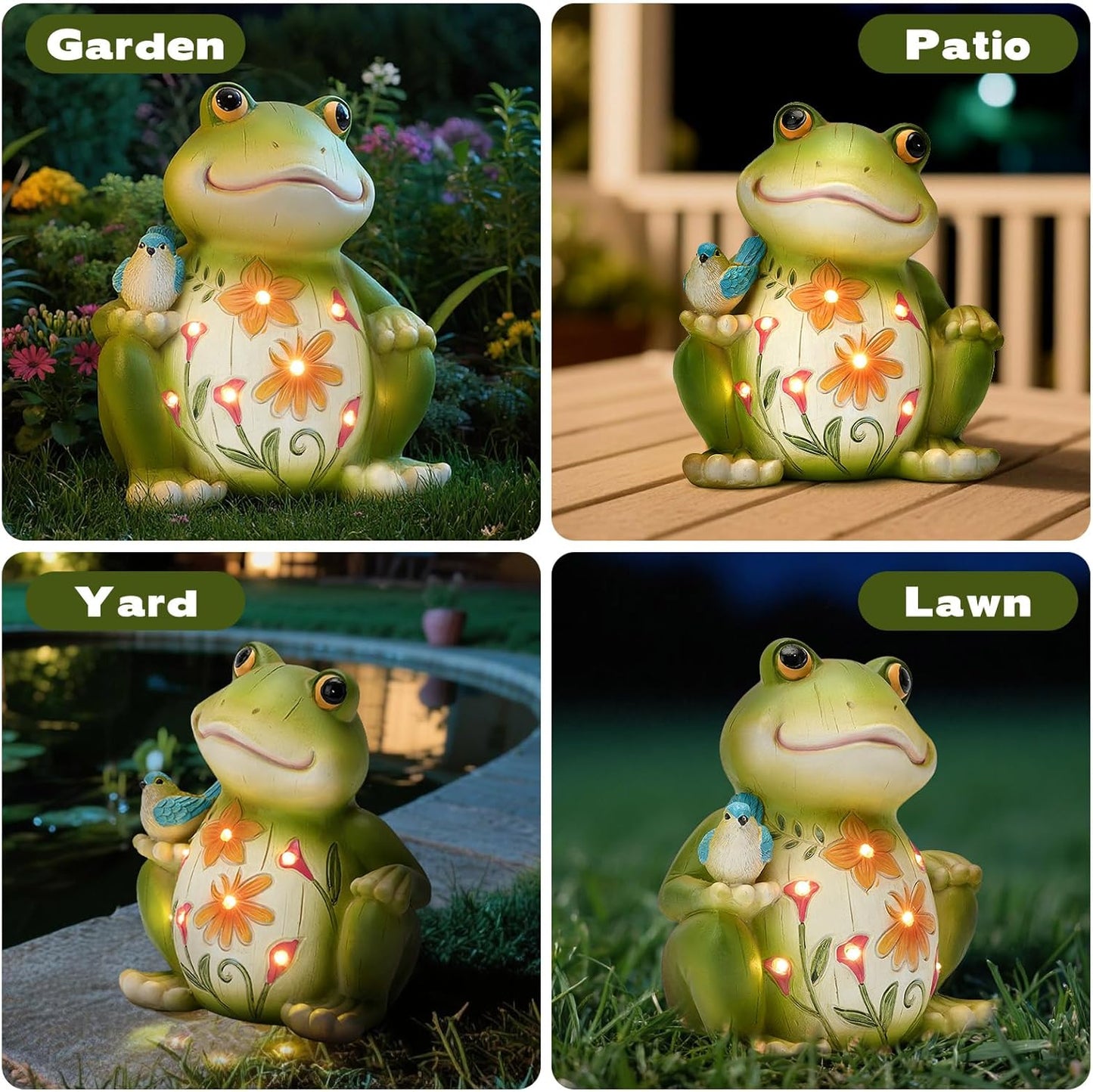Solar Garden Frog Decor Outdoor Statue - Frog with LED Waterproof Sculptures Lights, Cute Pond/Yard Statues Outside Decoration, Home, Lawn, Patio, Resin Animal Ornament, Women/Gardening Gift