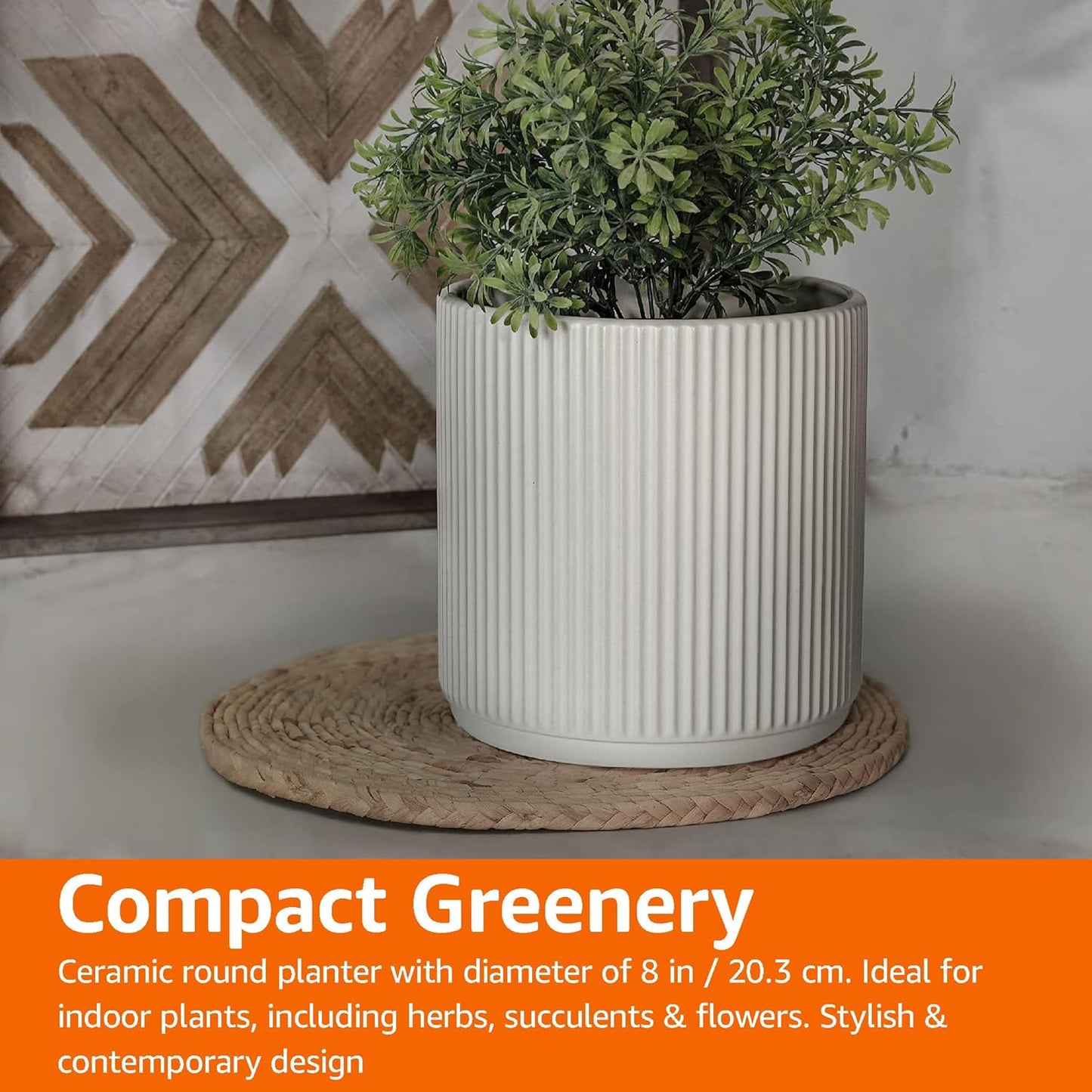 Amazon Basics Fluted Ceramic Round Planter, 8-inch, White