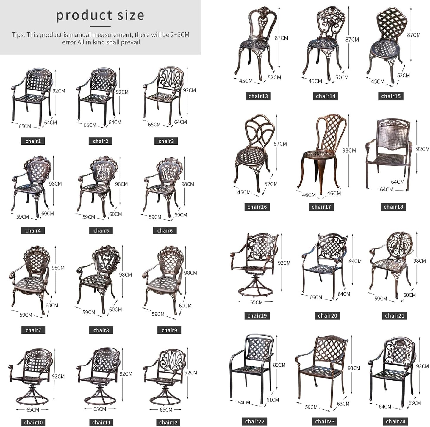 Outdoor Dining Chair Cast Aluminum Patio Chairs Set of 2 All-Weather Patio Dining Chair with Adjustable Feet for Backyard Garden (Avion Chair)