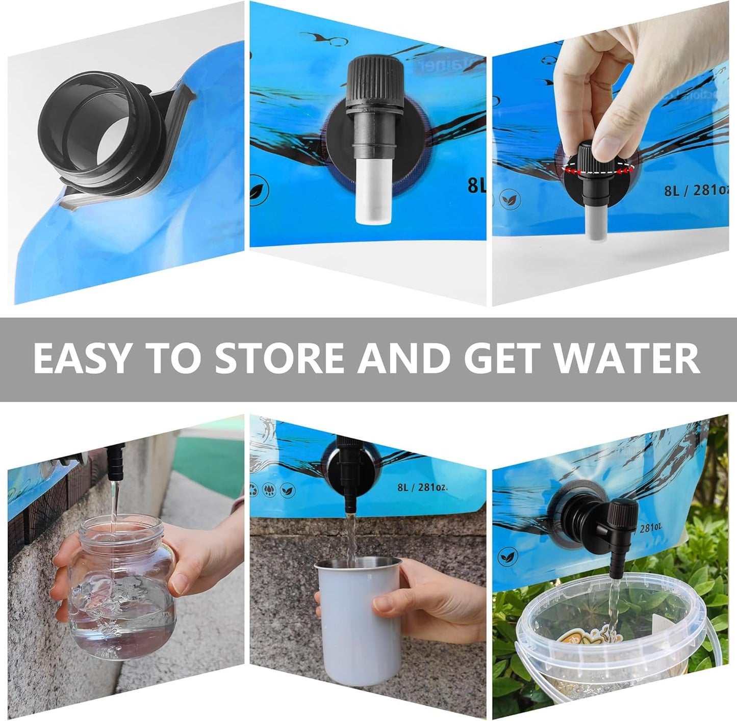 Collapsible 8L Water Storage Bag, BPA-Free Portable Folding Water Jug with Adjustable Faucet, Leakproof Emergency Water Bag for Camping, Hiking, Riding, Outdoor Sport (Blue, 2)