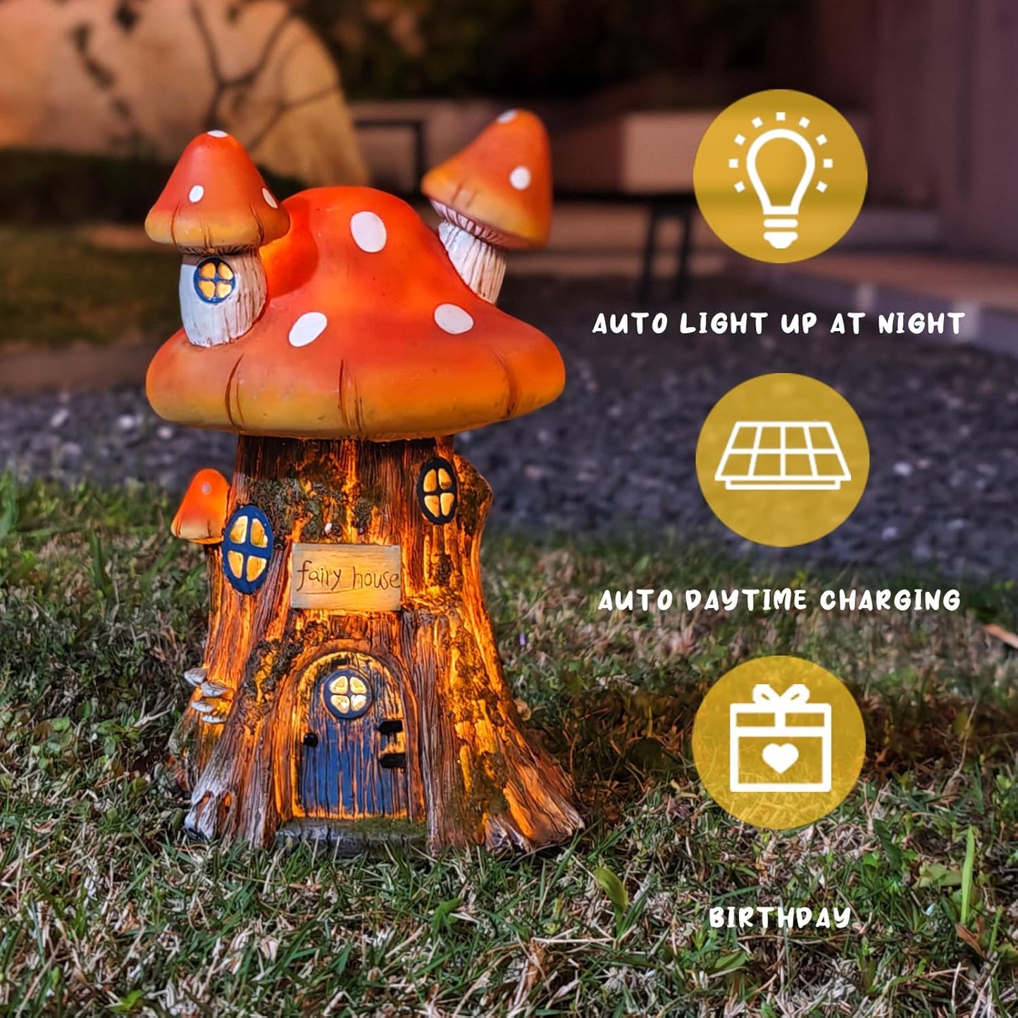 COWOS Mushroom House Sculptures, Collection of Resin Garden Sculptures, Resin Fairy House Statue, Solar Fairy Garden Figurine with Warm White Light Mushroom for Outdoor, Lawn, Yard Decoration