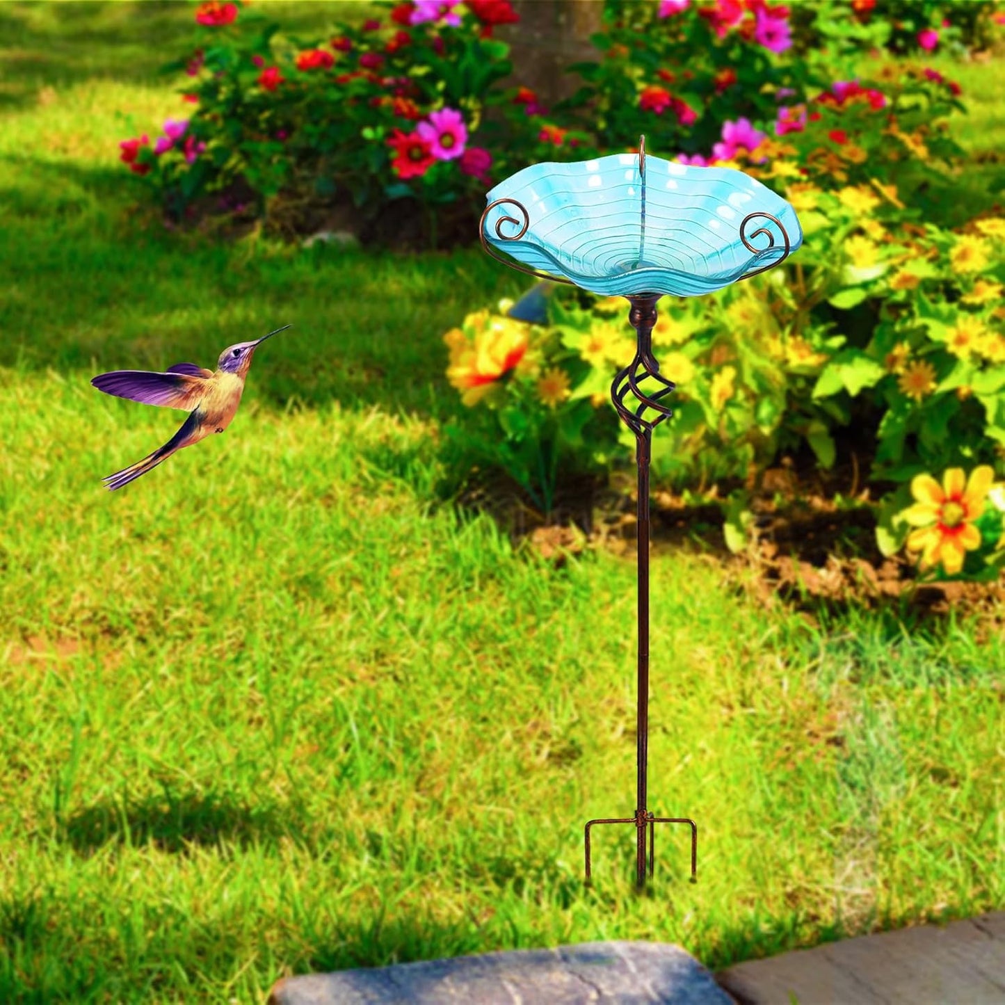 MUMTOP 31 Inch Height Glass Birdbaths, Outdoor Bird Bath Birdfeeder with Metal Stake Garden Yard Outside, Blue