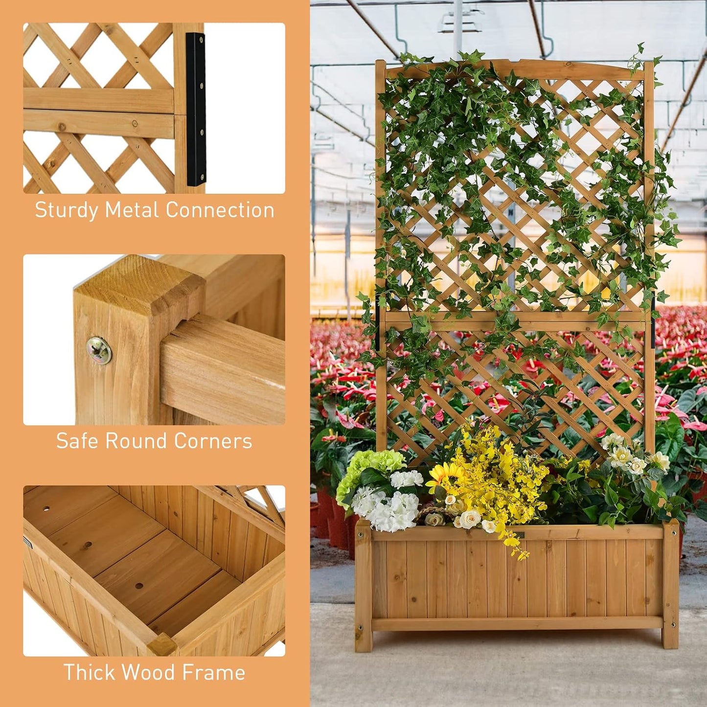 Giantex 2 Pcs Planter Raised Bed with Trellis, 71" Wooden Garden Bed, High Trellis for Plant Flower Climbing Pot Hanging, Indoor & Outdoor Planter Box for Yard, Garden, Balcony