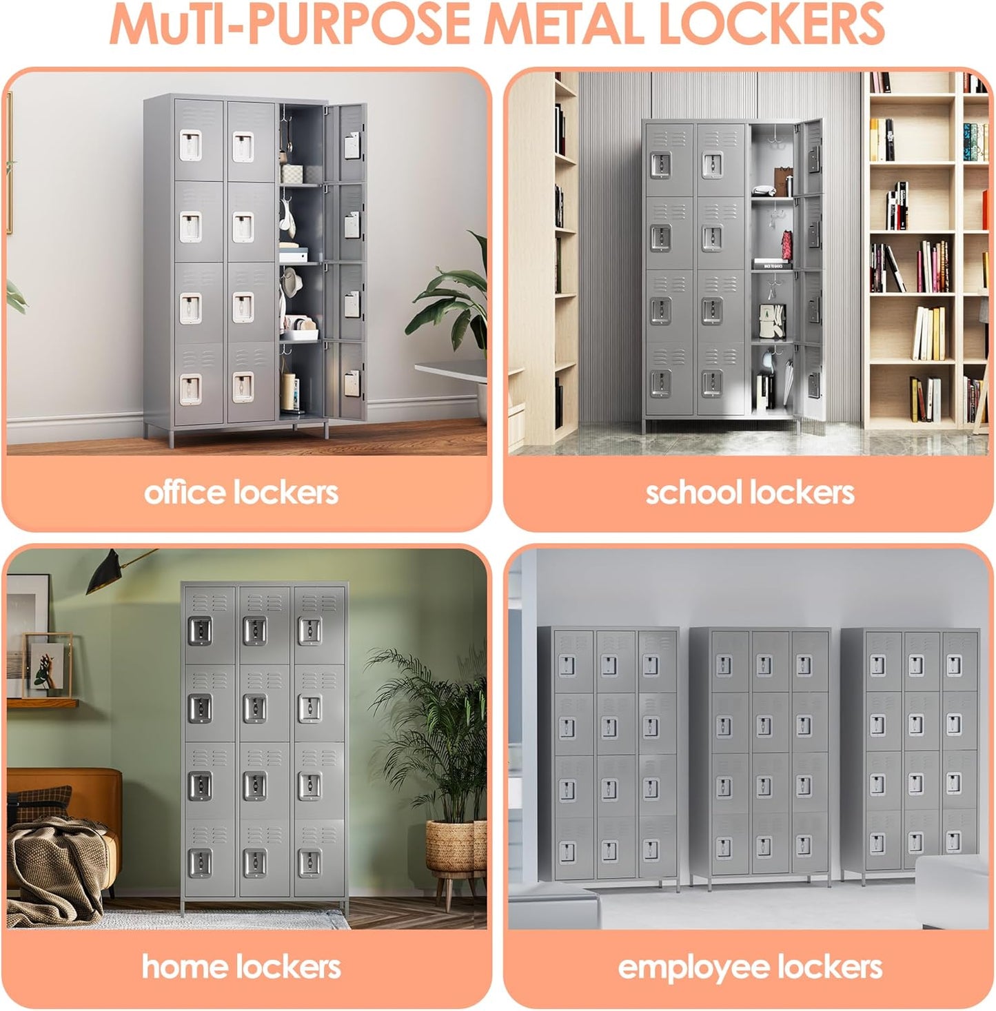 12 Doors Metal Lockers for Employees with Lock, Metal Locker with 12 Hooks for School Garage Office Gym Home,Assembly Required,Light Grey
