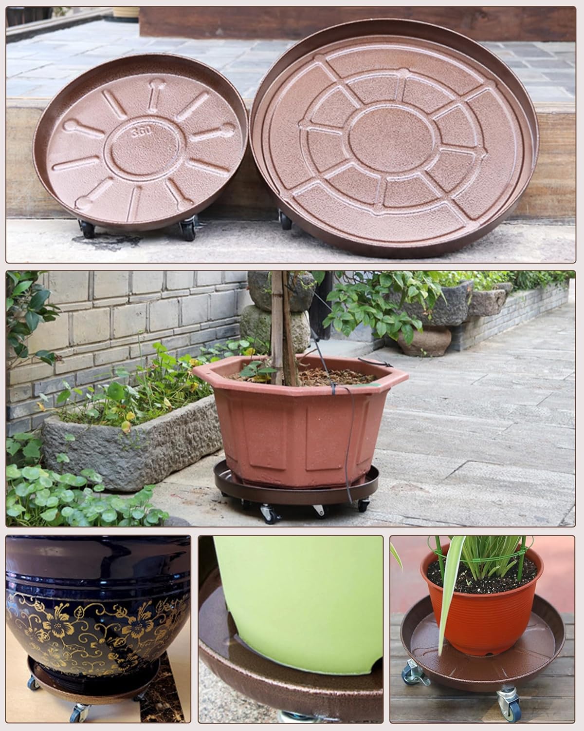 Heavy Duty Plant Caddy with Solid Rubber Wheels, Lockable, Increased Load Capacity, One-Minute Installation, Suitable for Indoor, Outdoor, Patio, Garden Settings, 14 Inches 3PACK, Brown