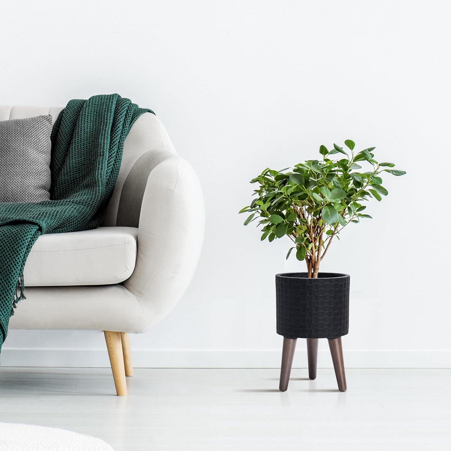 D'vine Dev 8 Inch Modern Geometric Tile Patterned Sleek Planter Pot with Stand, Indoor Outdoor Decorative Plant Holder, Matte Black, 88-Z-A-2