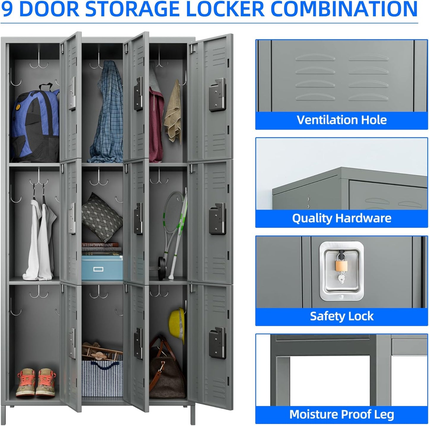 METAN Metal Storage Locker for School Office Gym Bedroom, 9 Doors Locker Cabinet for Employees, Industrial Steel Storage Locker with 18 Hooks, Assembly Required (9 Door-Light Gray)