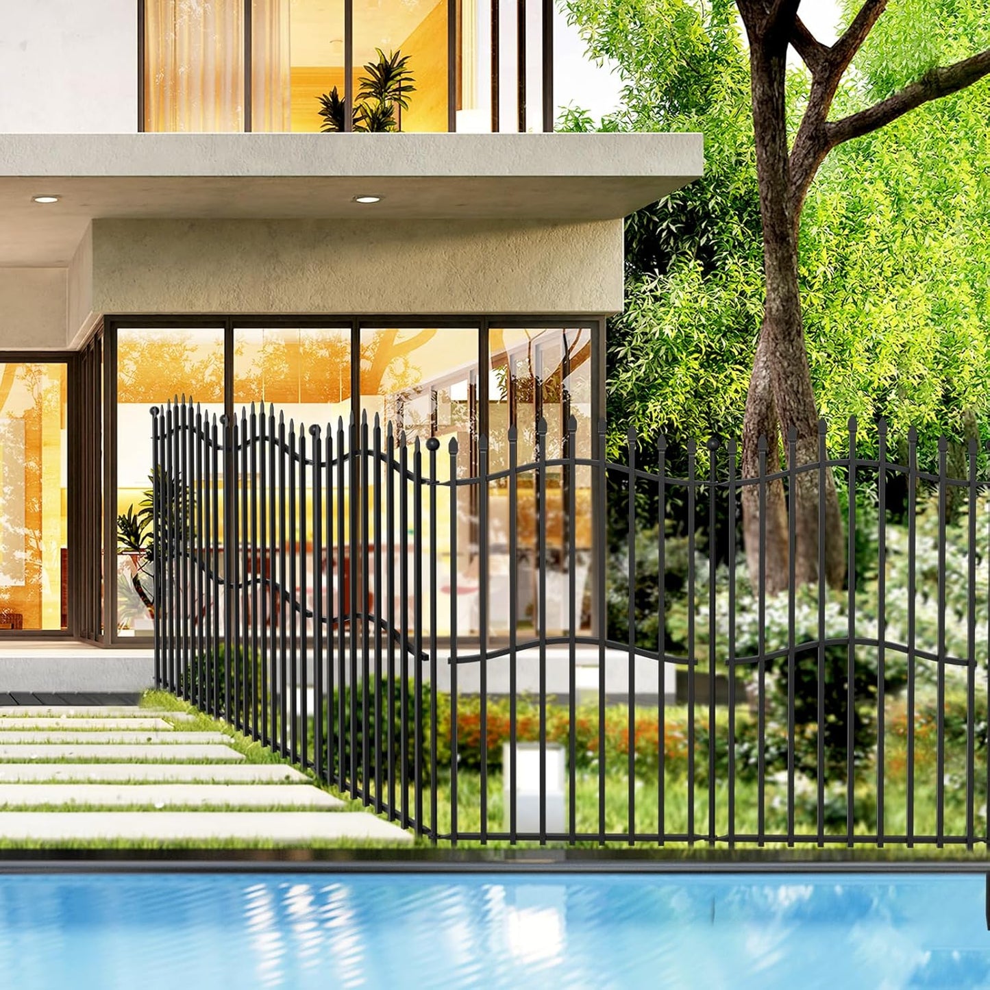 8 Panels No Dig Decorative Garden Fence with Gate - 40in H x 18ft L, Tall Heavy-Duty Square Tube Animal Barrier, Rustproof Dog Fence for Outdoor Yard & Patio Protection