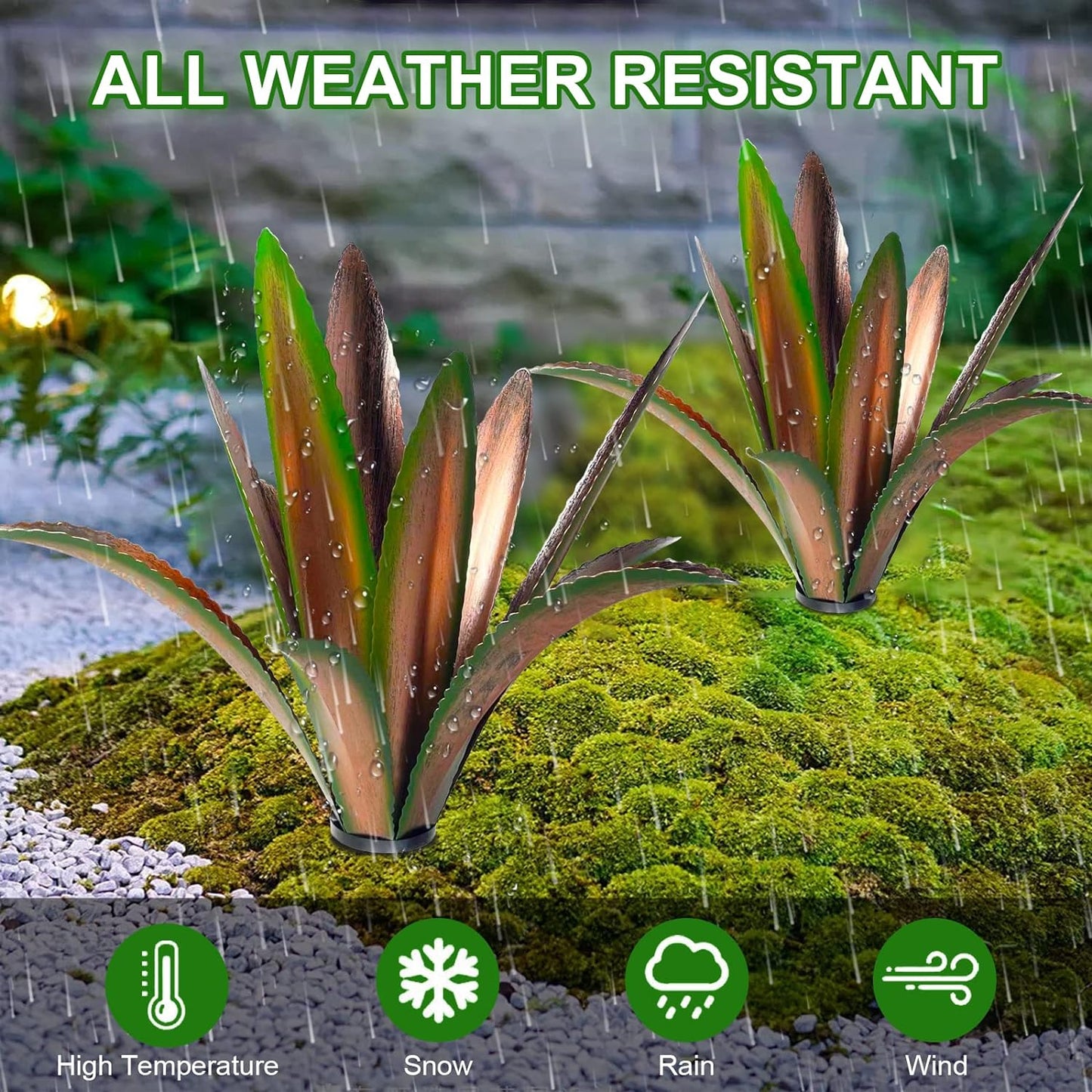 TOMBABY Enlarge thickened Wind Resistant Metal Agave Garden Art Plant Country Sculpture Statue Outdoor decoration Courtyard Lawn Ornament Gift (12 Leaves Green 2 pcs) (TB-410-415)