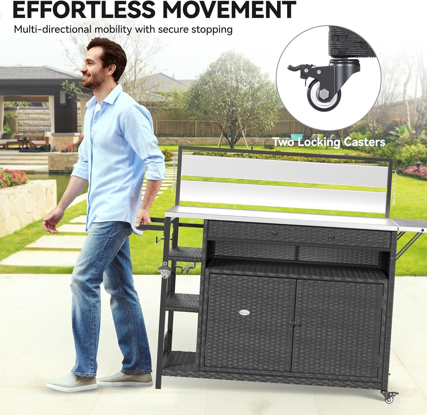 YITAHOME XL Outdoor Kitchen Island, Outdoor Bar Table & Storage Cabinet, Wheels and Stainless Steel Extended Table Top, Side Handle for Patio Kitchen or Bar Cart, Dark Brown