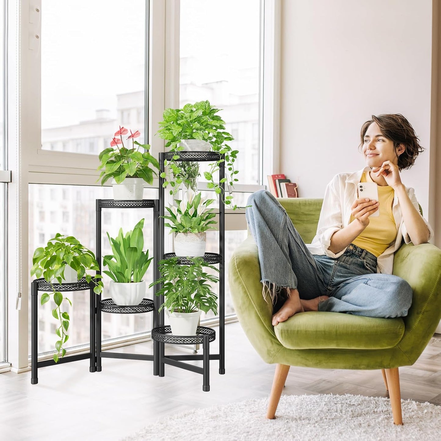 iDavosic.ly Plant Stand Indoor Outdoor, 6 Tier Corner Metal Flower Display Holder Shelf, Folding Tall Orchid Rack for Patio Balcony Porch Garden Living Room House, Wrought Iron - Modern Black