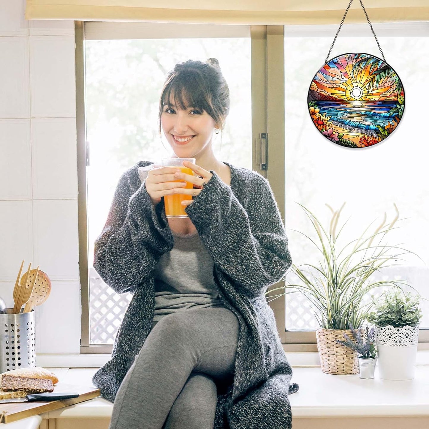 Beach Sunset Sun Catcher Stained Glass Window Hanging Beach Lovers Gifts for Women Wall Decor Landscape Decoration for Home Garden Housewarming Gifts