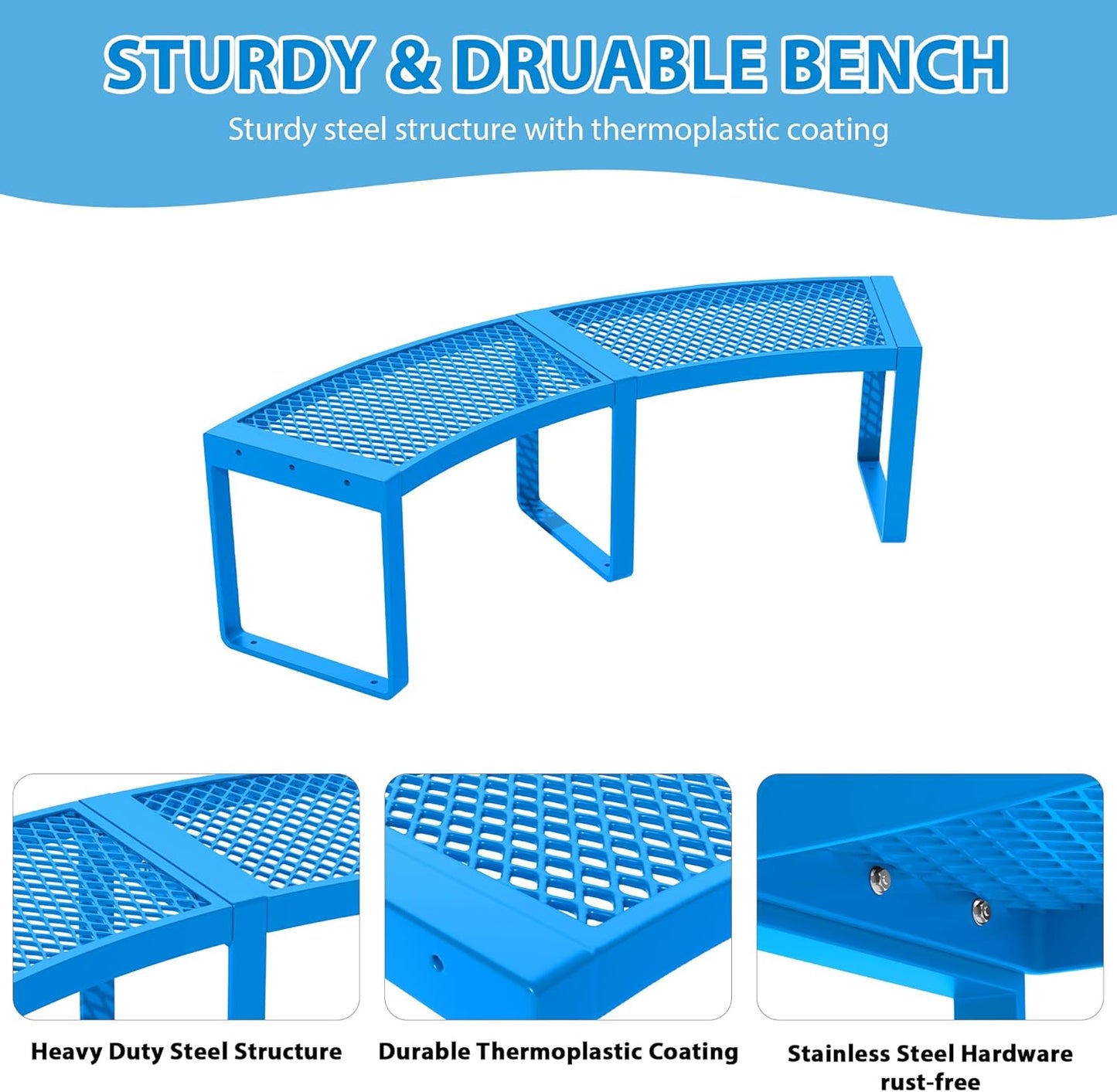 Outdoor Curved Bench, Heavy Duty Metal Park Bench for Outside, Backless Loveseat, Thermoplastic-Coated, Weatherproof Commercial-Grade 2-Person Seating for Park, Patio, Garden, Deck, Beach,Blue