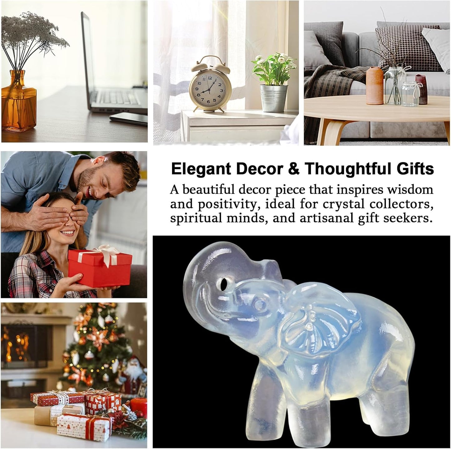 2 Inch White Opalite Crystal Elephant Sculpture Handcrafted Healing Stone Animal Figurine Spiritual Home Decor Lucky Charm Gift for Wealth Success Positive Energy and Meditation Lovers