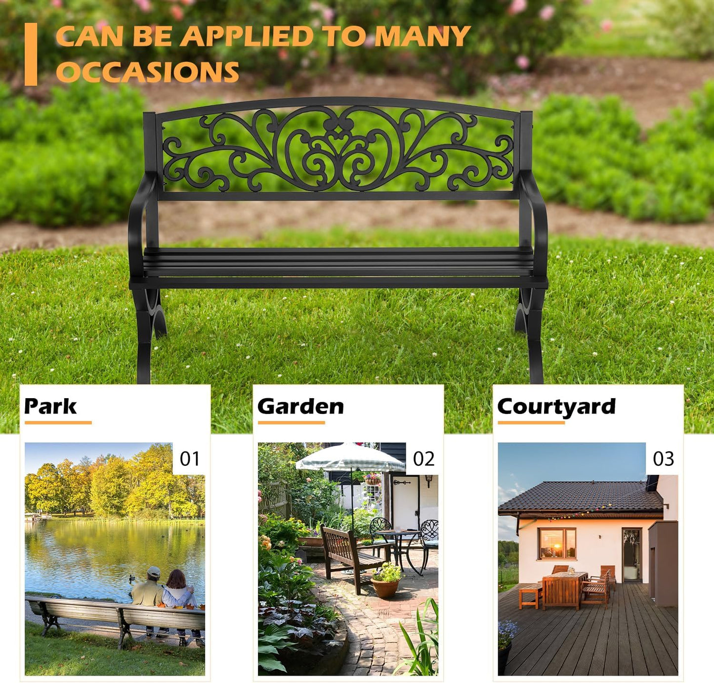 PayLessHere Black Outdoor Metal Loveseat Chairs Patio Garden Bench 50-inch Slatted Seat Armrests Floral Design Plastics Backres Perfect for Park, Yard, Porch, Lawn, Balcony, Backyard